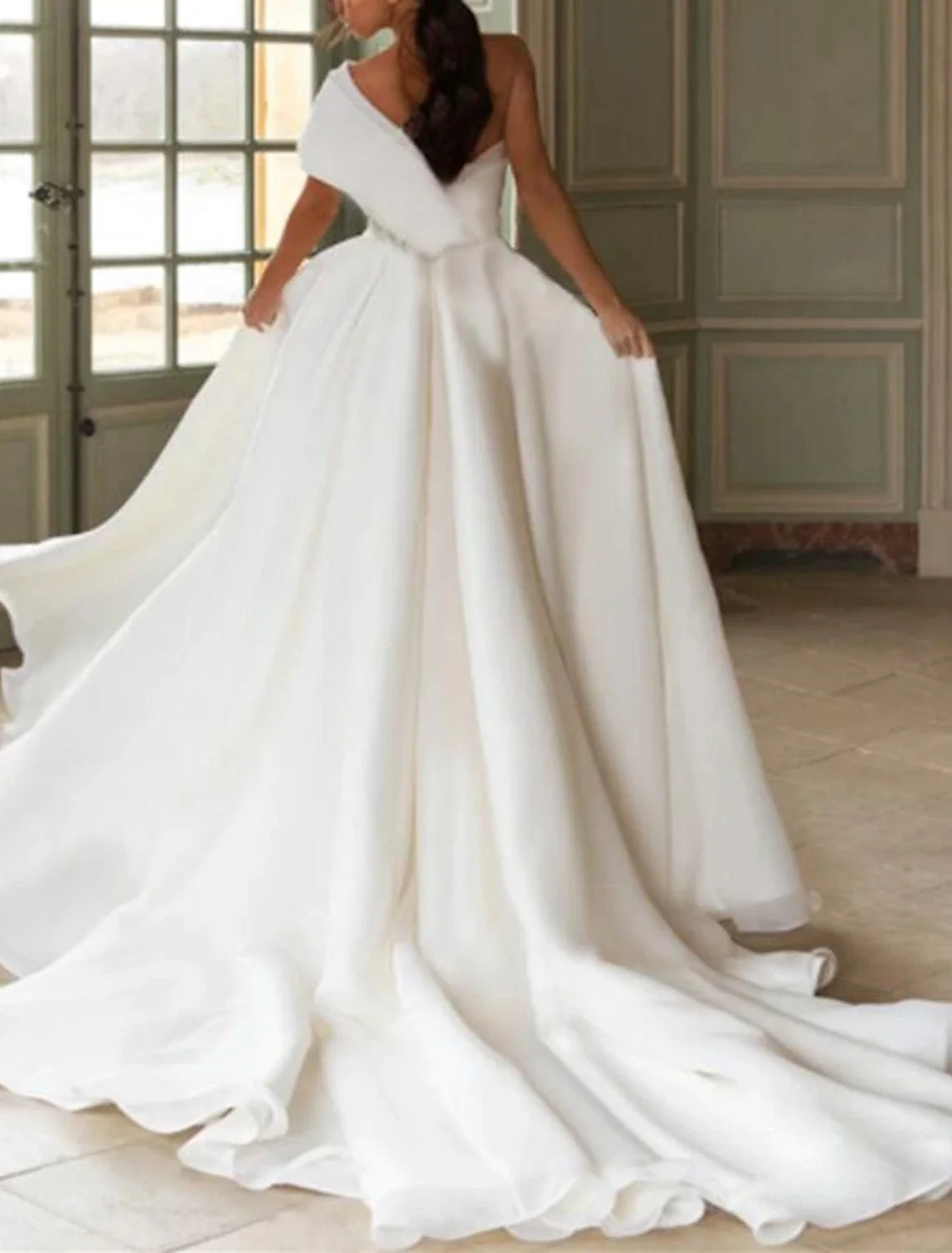A-Line One-Shoulder Organza Cap Sleeve Train Wedding Gown - Chloe Dress