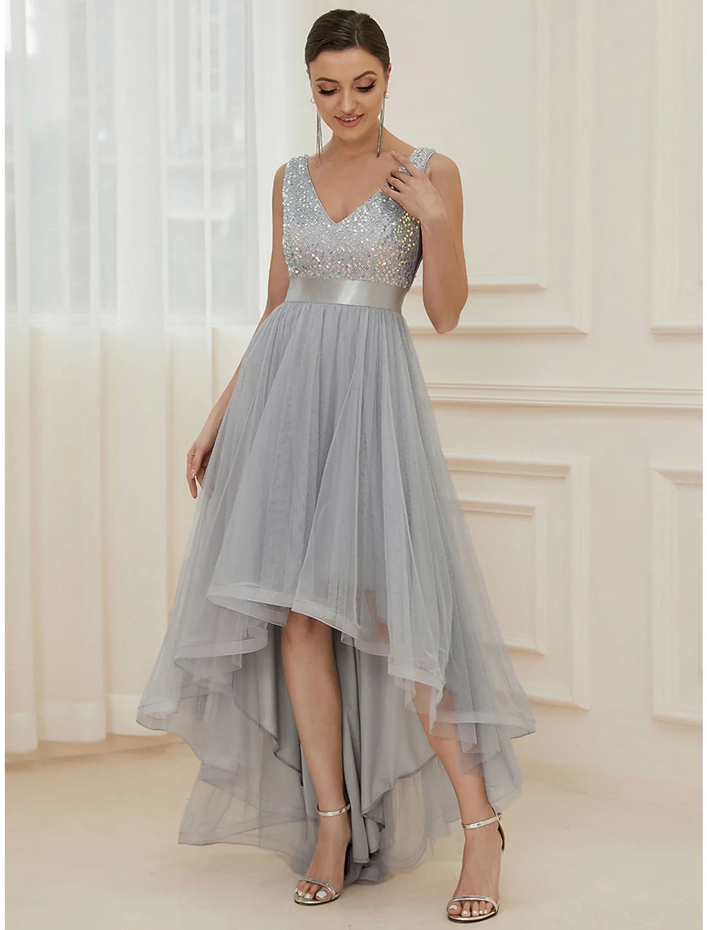 A-Line V-Neck Sequin Sleeveless Asymmetric Wedding Dress - Chloe Dress