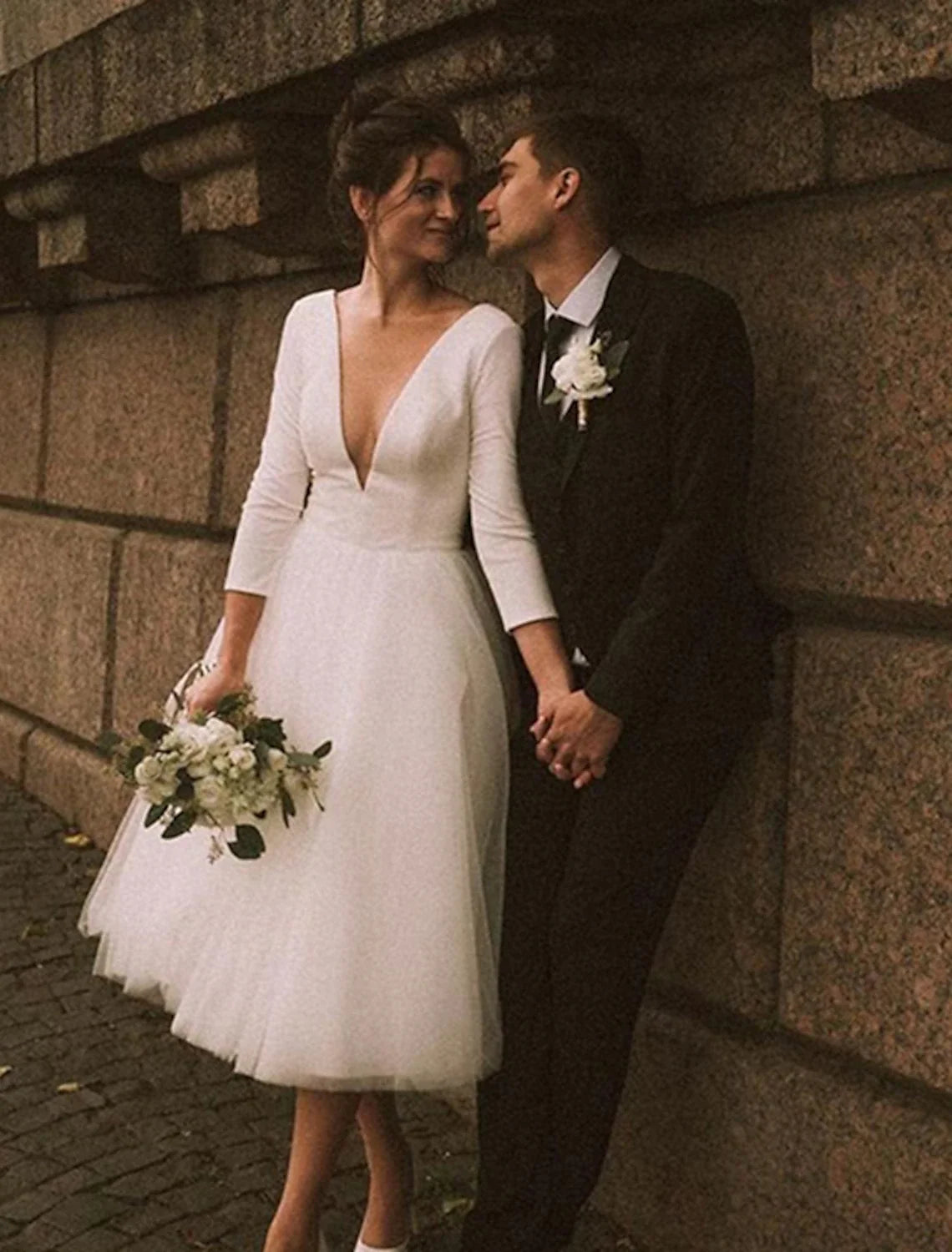White A-Line V-Neck Satin Long Sleeve Tea-Length Wedding Gown - Chloe Dress