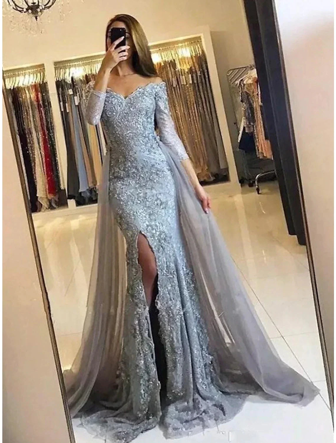 Mermaid Off-Shoulder Chiffon Long Sleeve High Slit Evening Gown - Chloe Dress