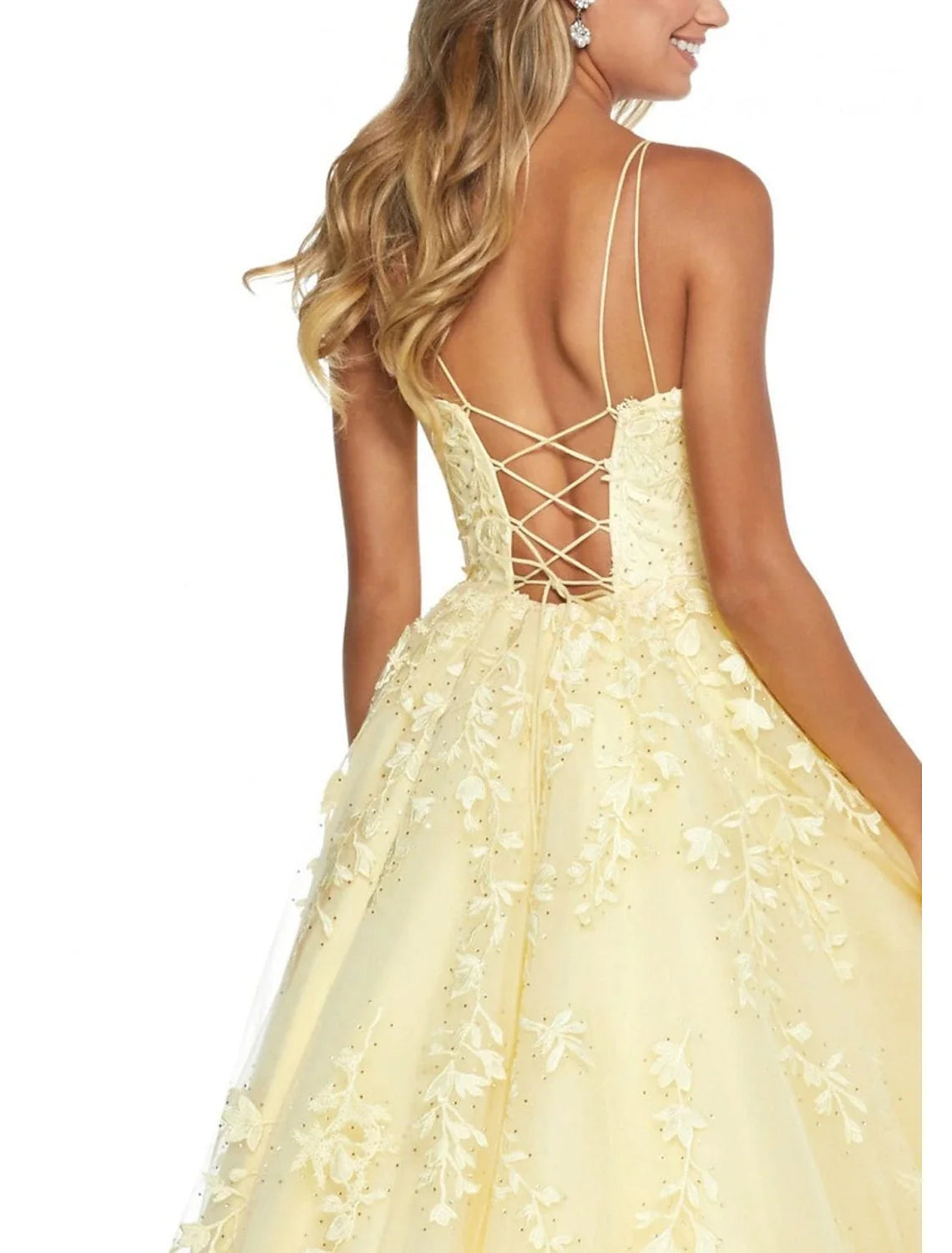 A-Line Spaghetti Strap Lace Sleeveless Backless Applique Floor-Length Prom Dress - Chloe Dress