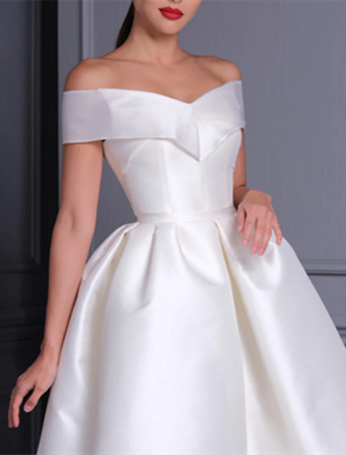White A-Line Off-Shoulder Satin Cap Sleeve Tea-Length Wedding Gown - Chloe Dress
