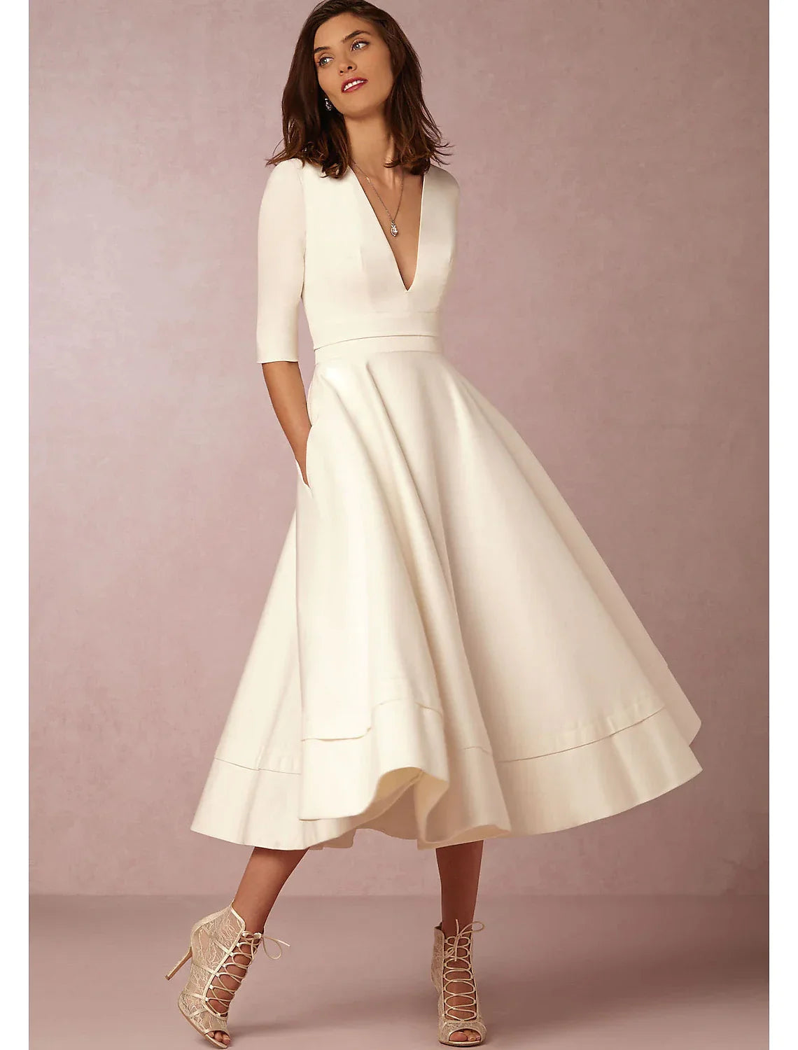 White A-Line V-Neck Jersey Pleated Tea-Length Wedding Dress - Chloe Dress