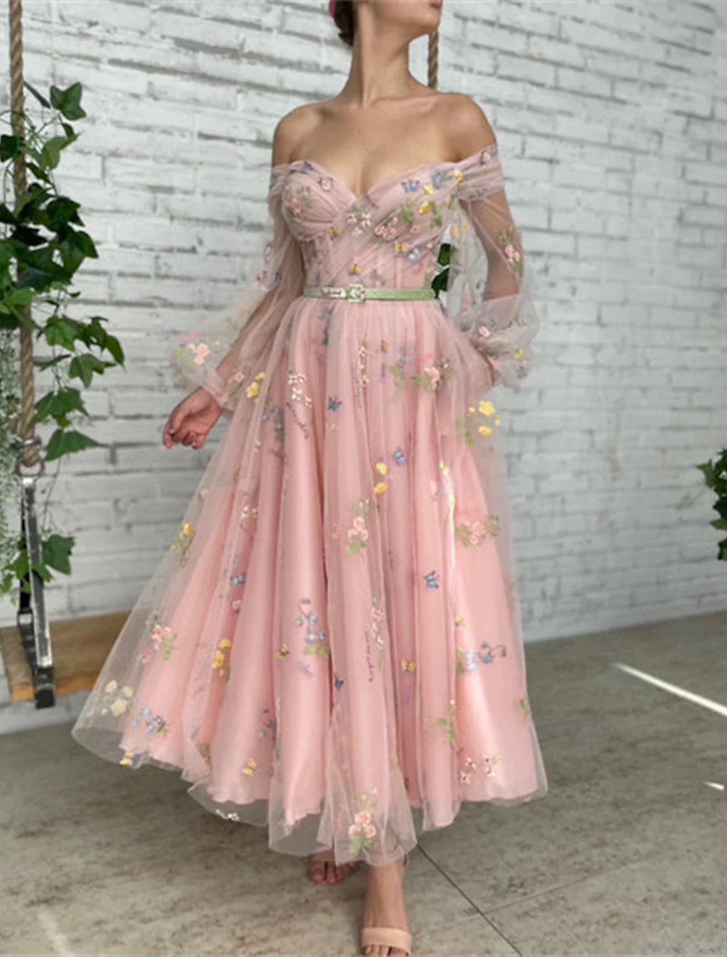 A-Line Off-Shoulder Lace Long Sleeve Applique Ankle-Length Prom Dress - Chloe Dress