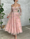 A-Line Off-Shoulder Lace Long Sleeve Applique Ankle-Length Prom Dress - Chloe Dress