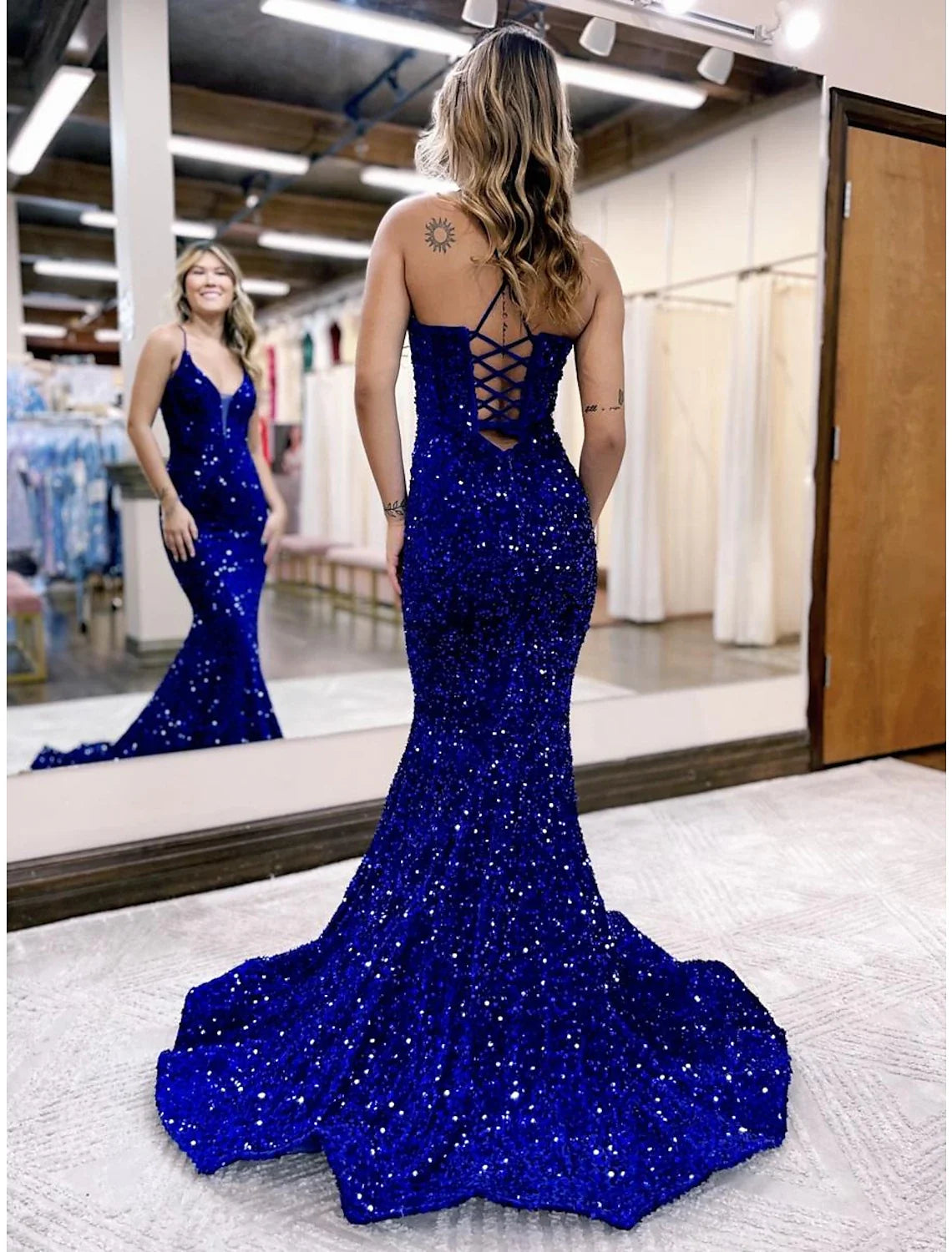 Mermaid V-Neck Sequin Sleeveless Backless Train Evening Gown - Chloe Dress