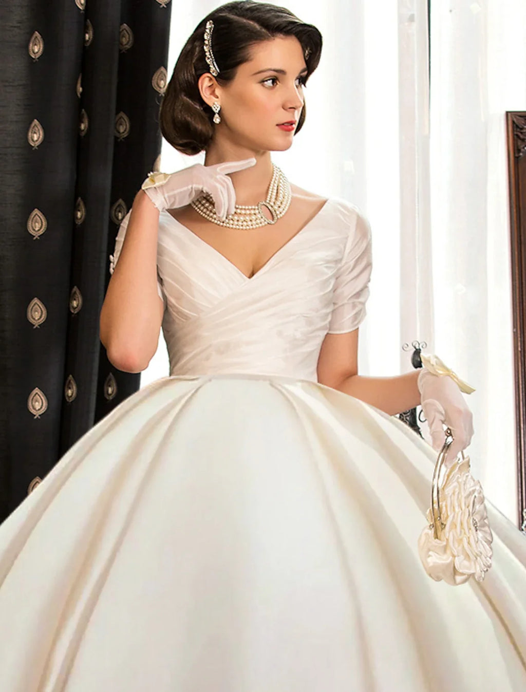Ball Gown V-Neck Satin Short Sleeve Train Mini Wedding Gown - Chloe Dress