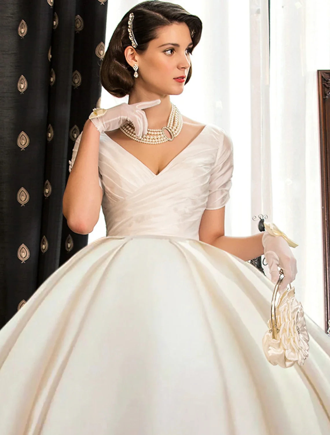 Ball Gown V-Neck Satin Short Sleeve Train Mini Wedding Gown - Chloe Dress