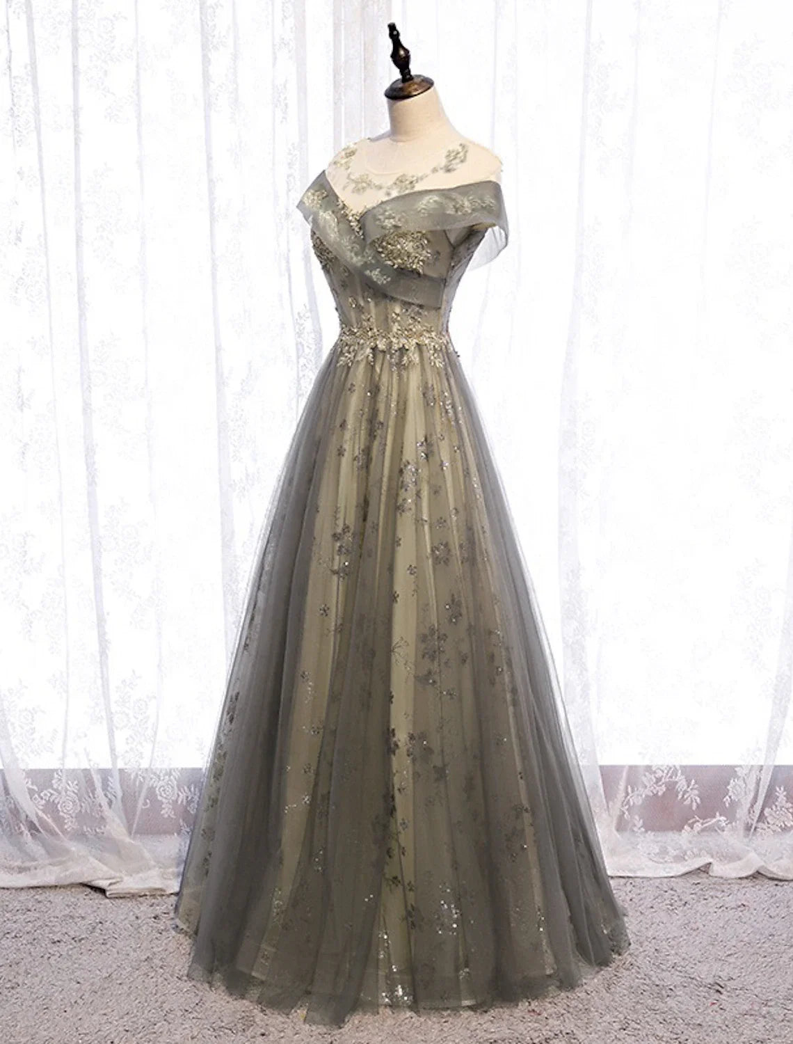 A-Line Illusion Tulle Short Sleeve Pleated Floor-Length Evening Gown - Chloe Dress