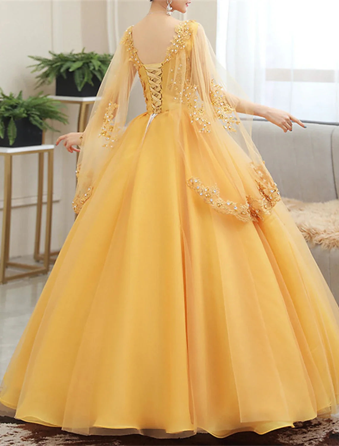 Ball Gown V-Neck Lace Long Sleeve Applique Floor-Length Wedding Gown - Chloe Dress