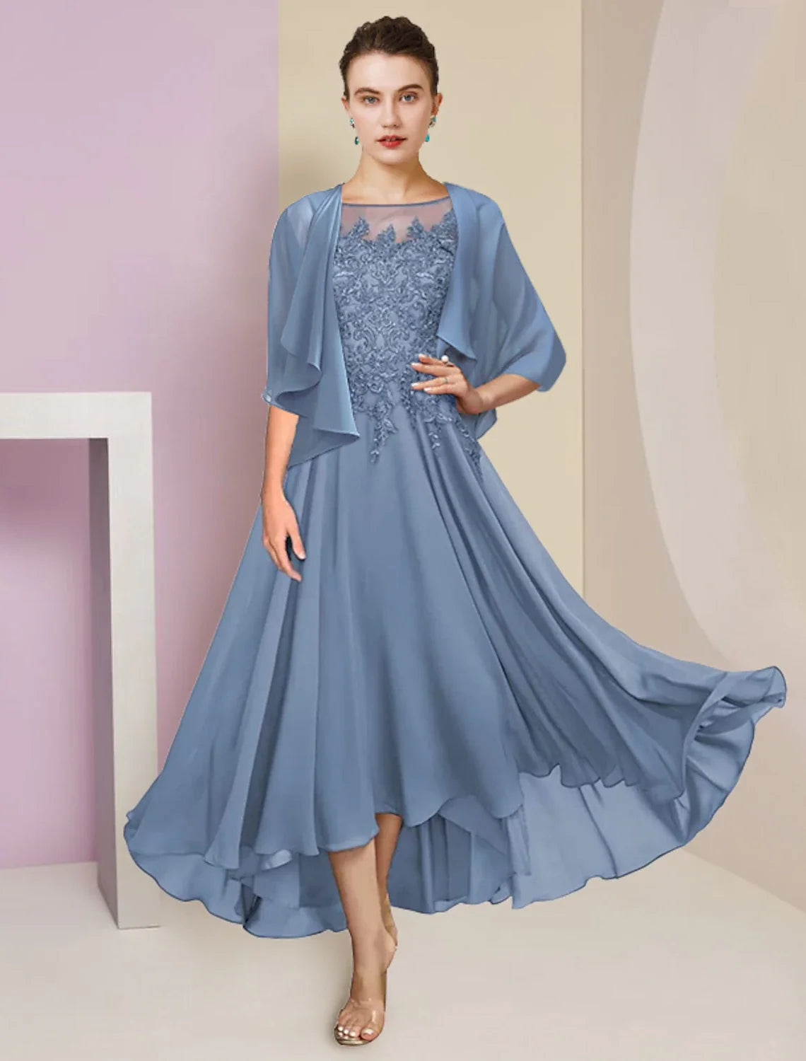 A-Line High Neck Chiffon Short Sleeve Wrap Mini Wedding Dress - Chloe Dress