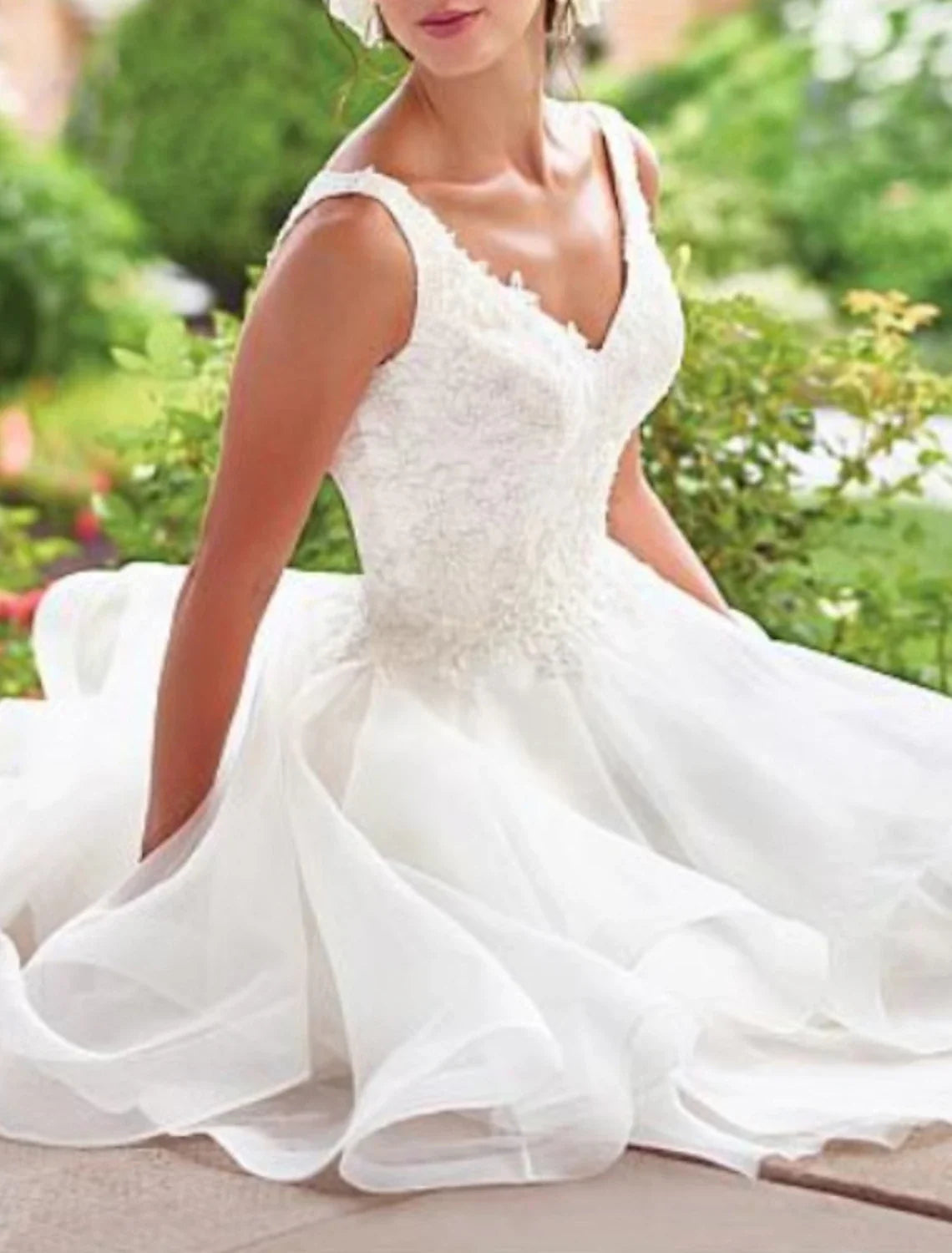 White A-Line V-Neck Lace Sleeveless Ruffled Knee-Length Wedding Gown - Chloe Dress