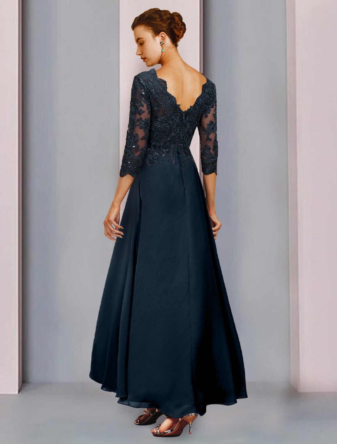 Sheath V-Neck Chiffon Three-Quarter Sleeve Pleated Wedding Dress - Chloe Dress
