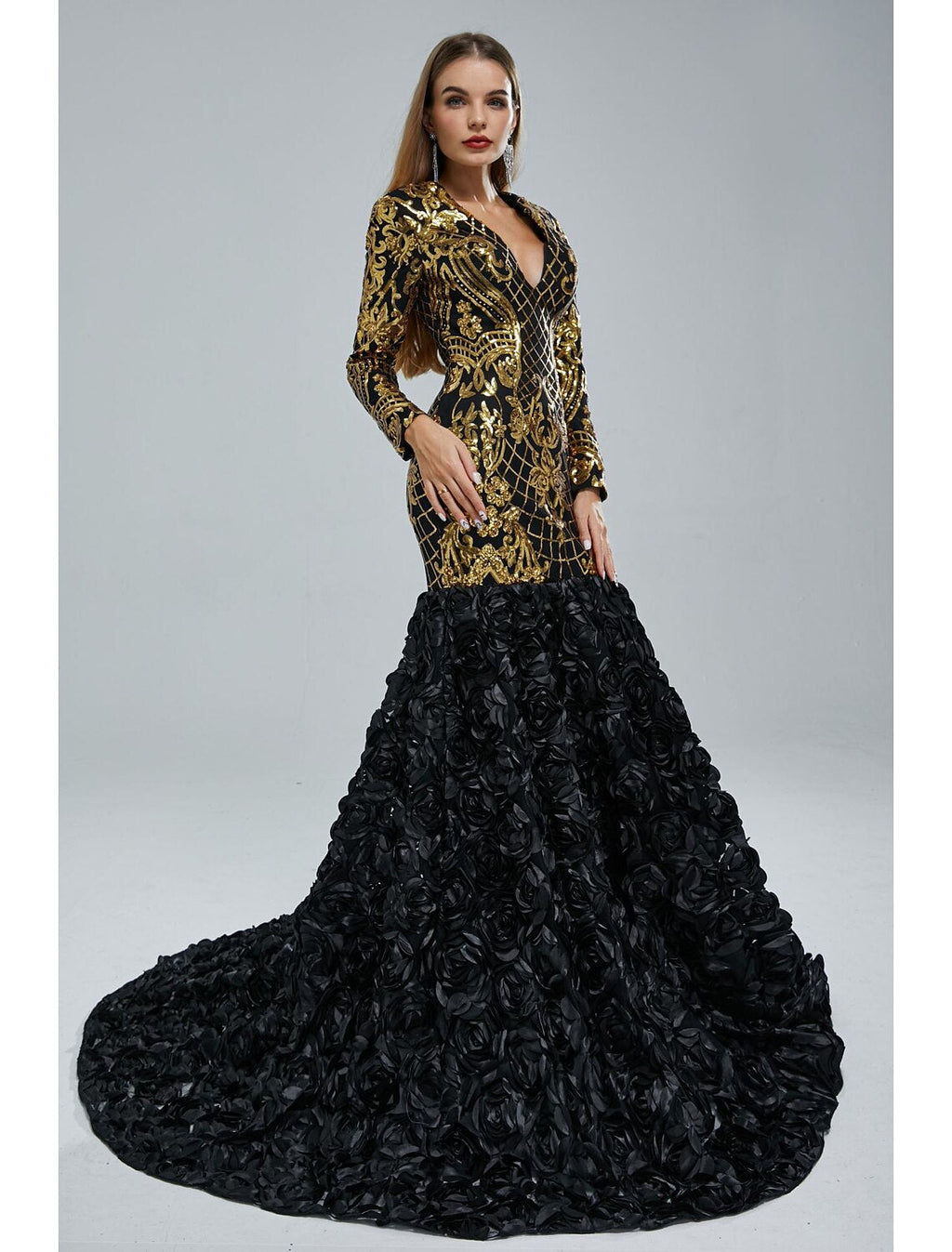 Mermaid V-Neck Sequin Long Sleeve Train Evening Gown - Chloe Dress