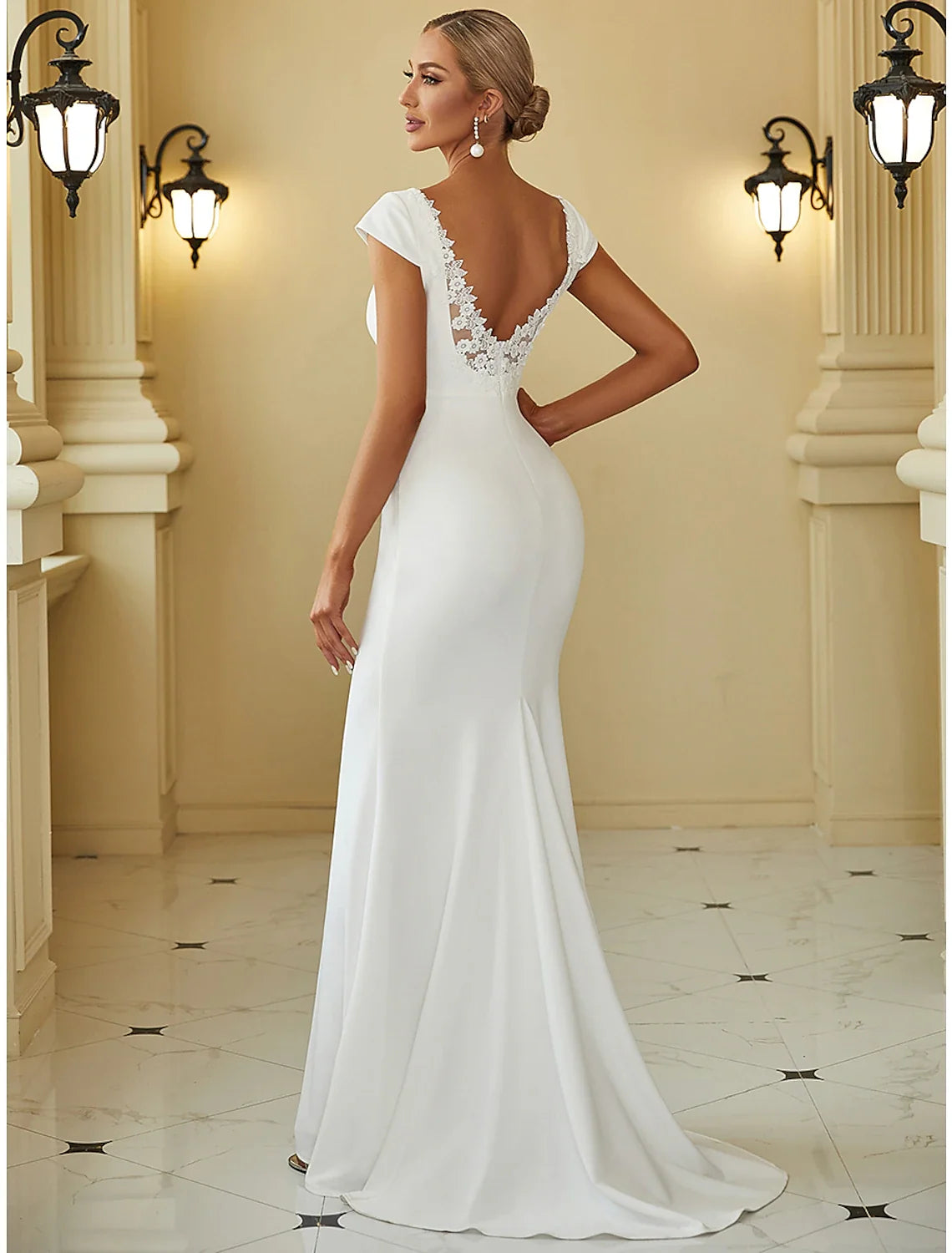 Mermaid V-Neck Cap Sleeve Train Wedding Gown - Chloe Dress
