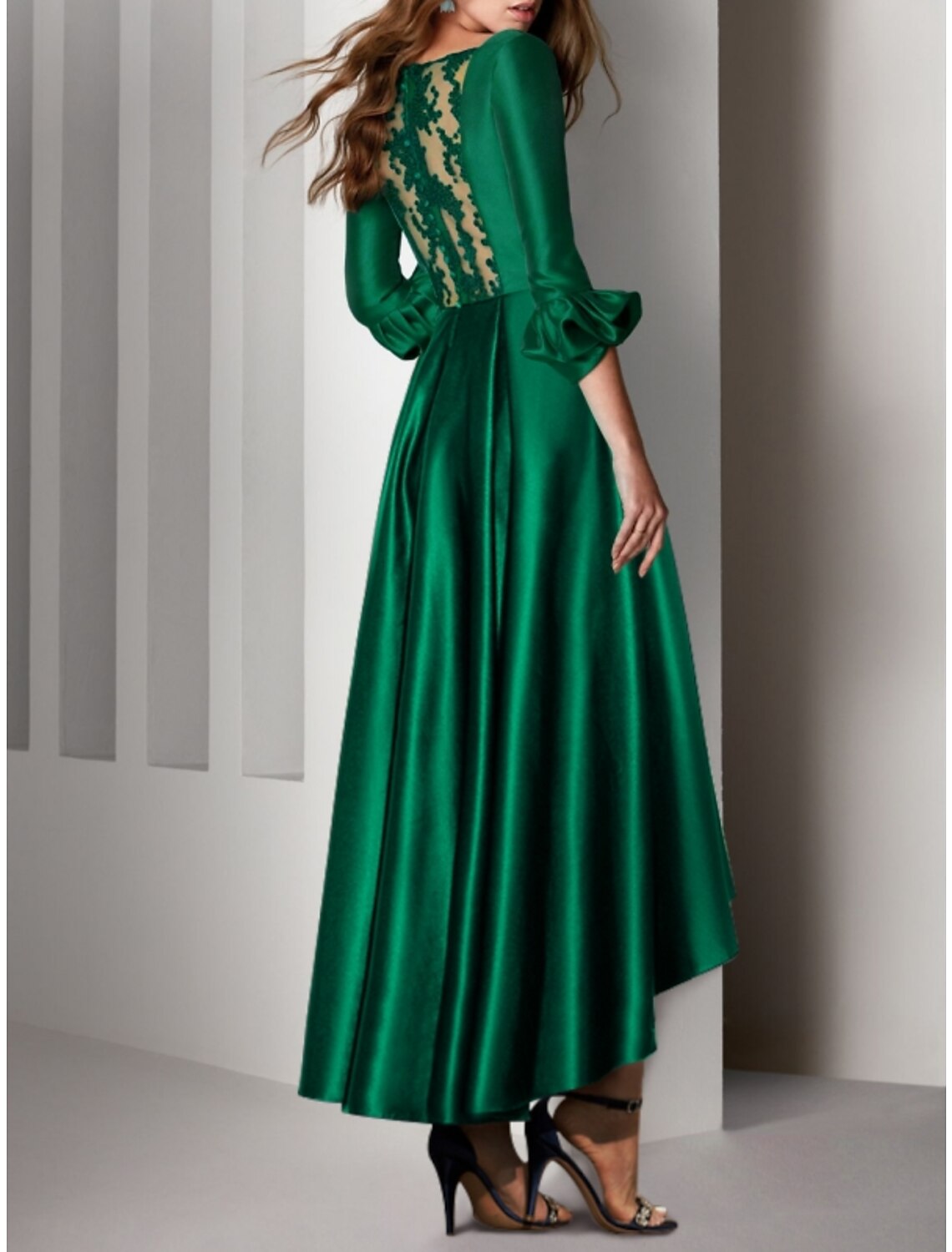 A-Line V-Neck Satin Three-Quarter Sleeve Pleated Wedding Dress - Chloe Dress