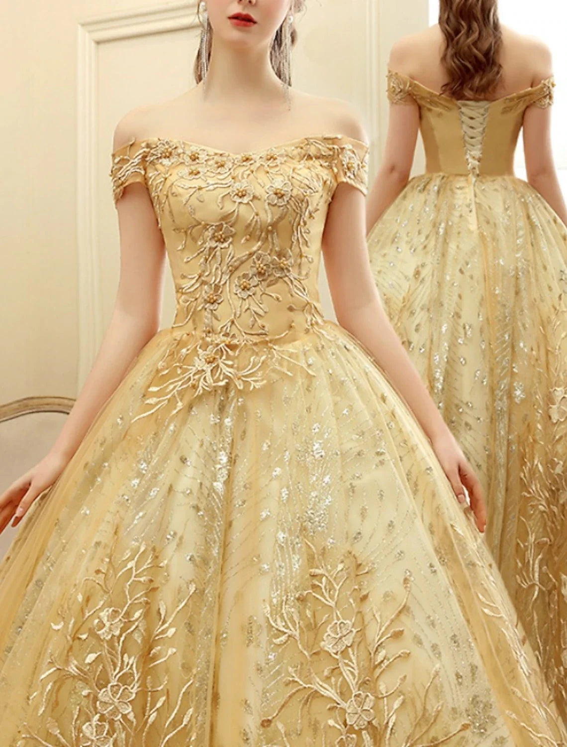 A-Line Off-Shoulder Tulle Short Sleeve Floor-Length Prom Dress - Chloe Dress