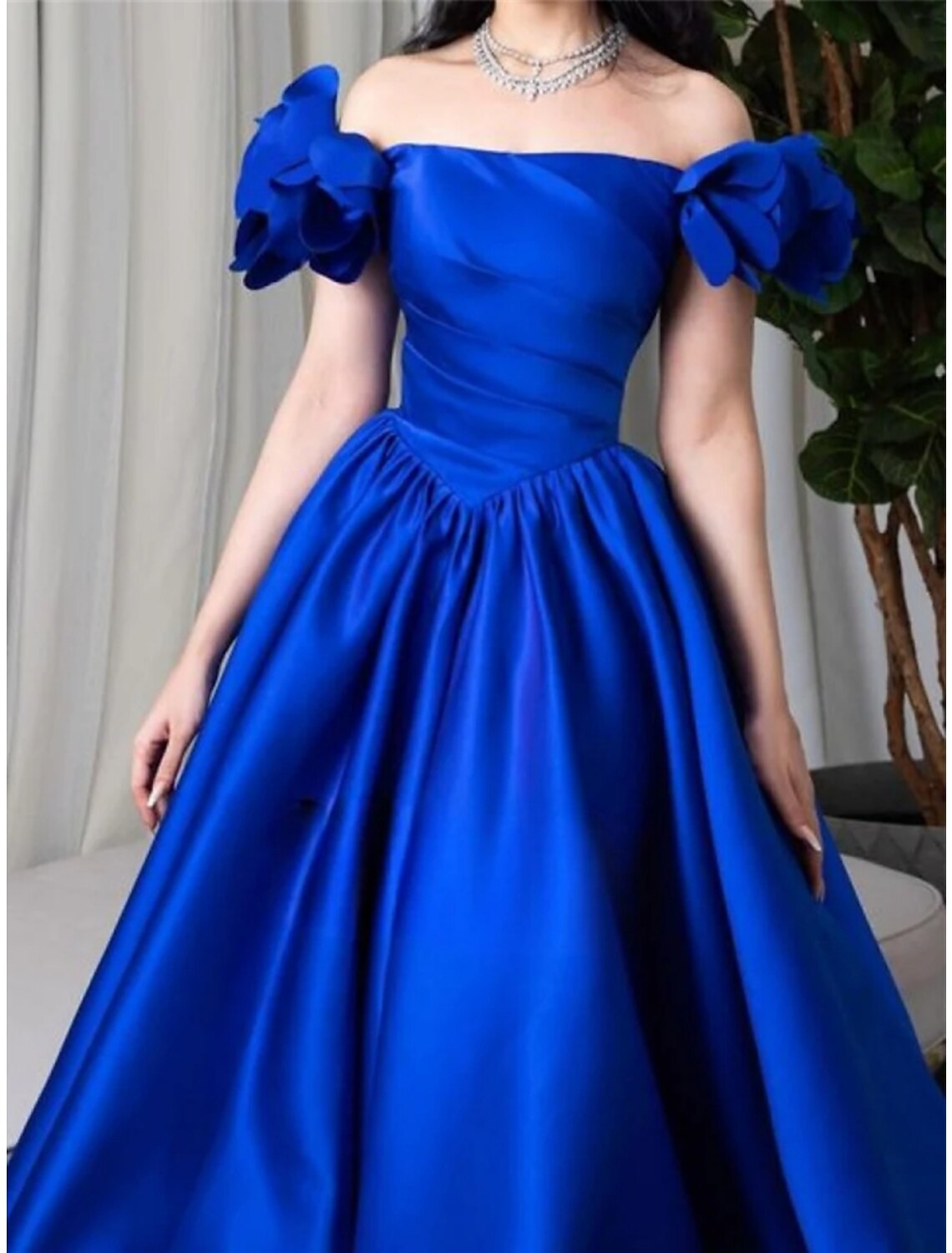 A-Line Off-Shoulder Satin Short Sleeve Pleated Mini Evening Gown - Chloe Dress