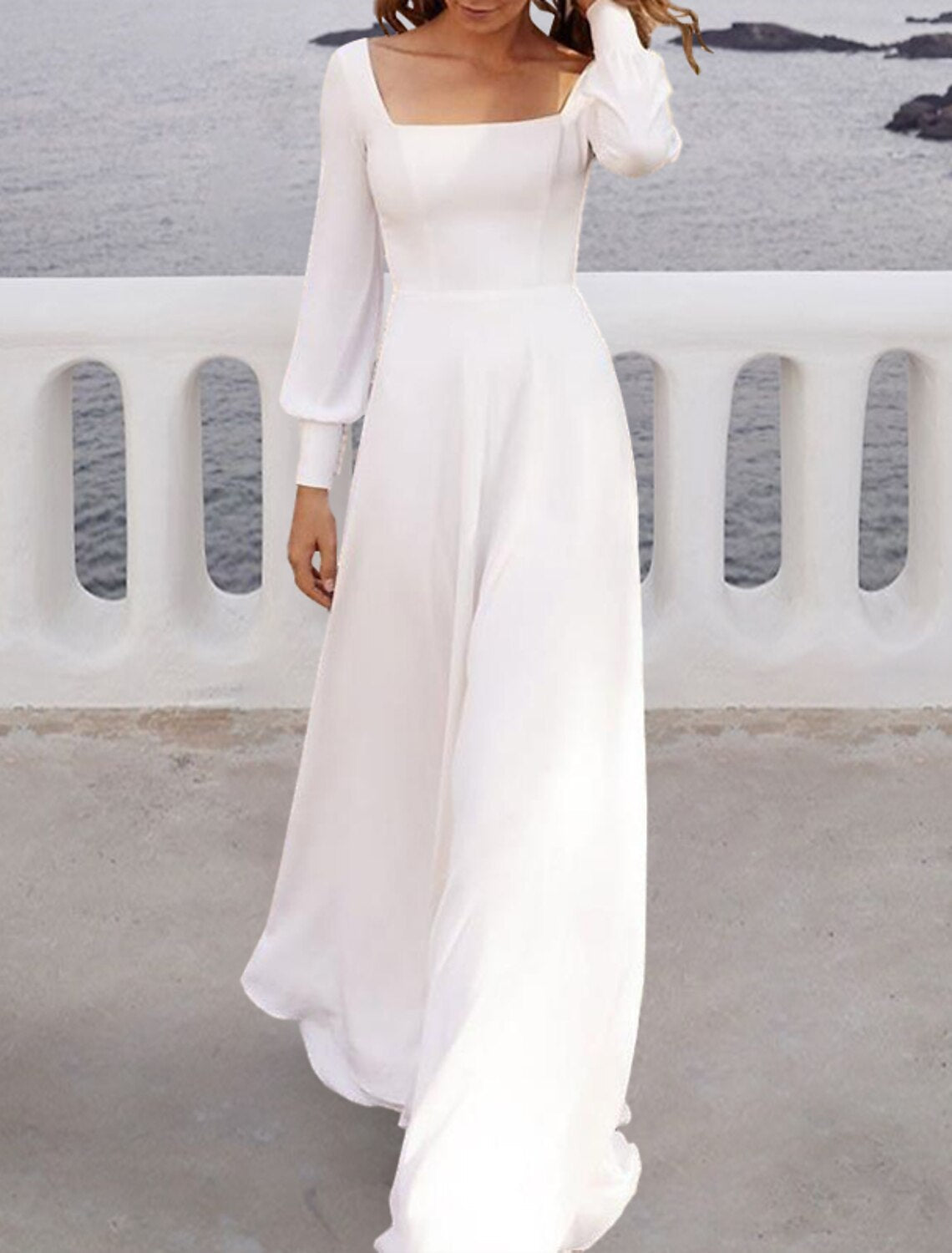 A-Line Square Neck Chiffon Long Sleeve Train Wedding Gown - Chloe Dress