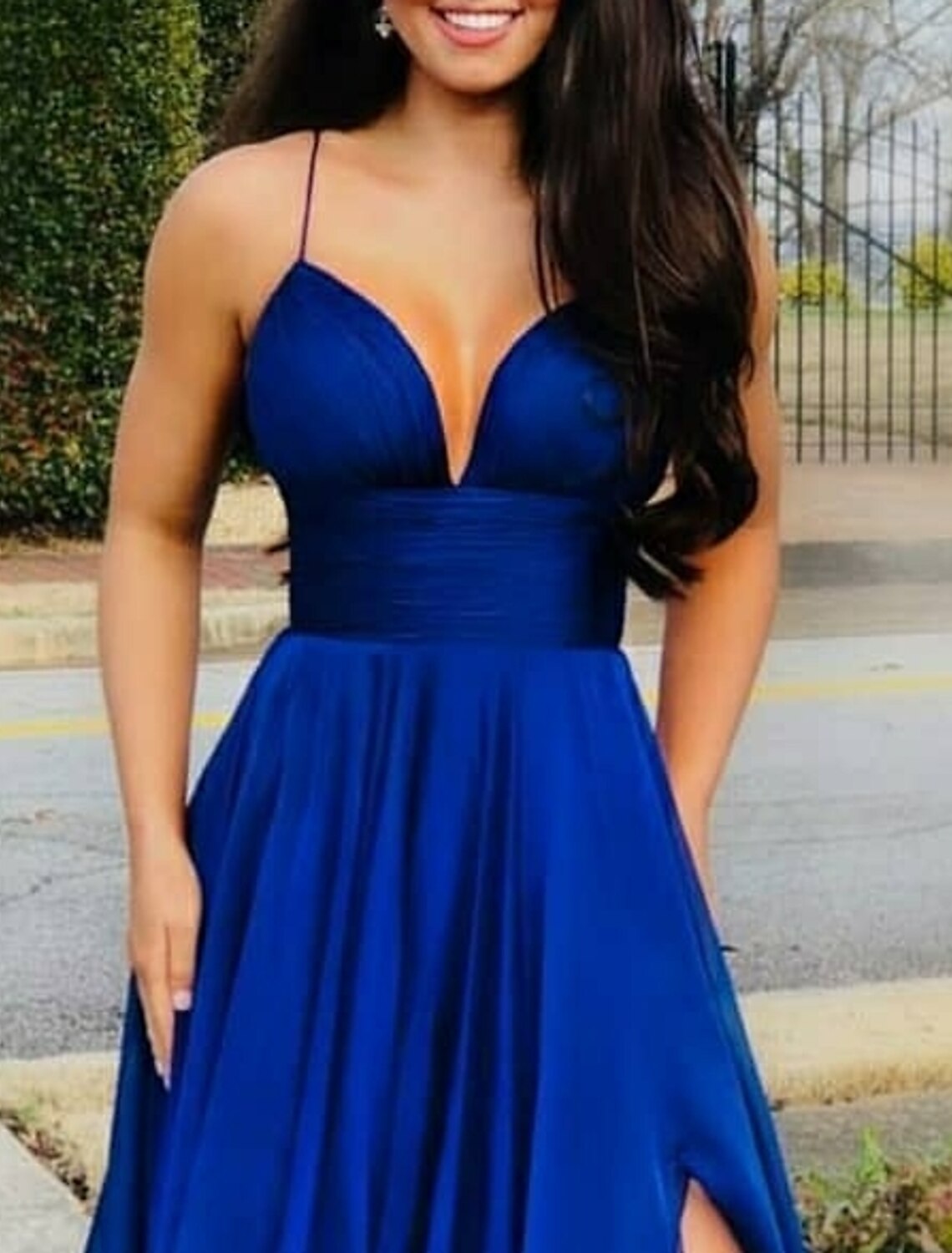 A-Line Spaghetti Strap Chiffon Sleeveless High Slit Evening Dress - Chloe Dress