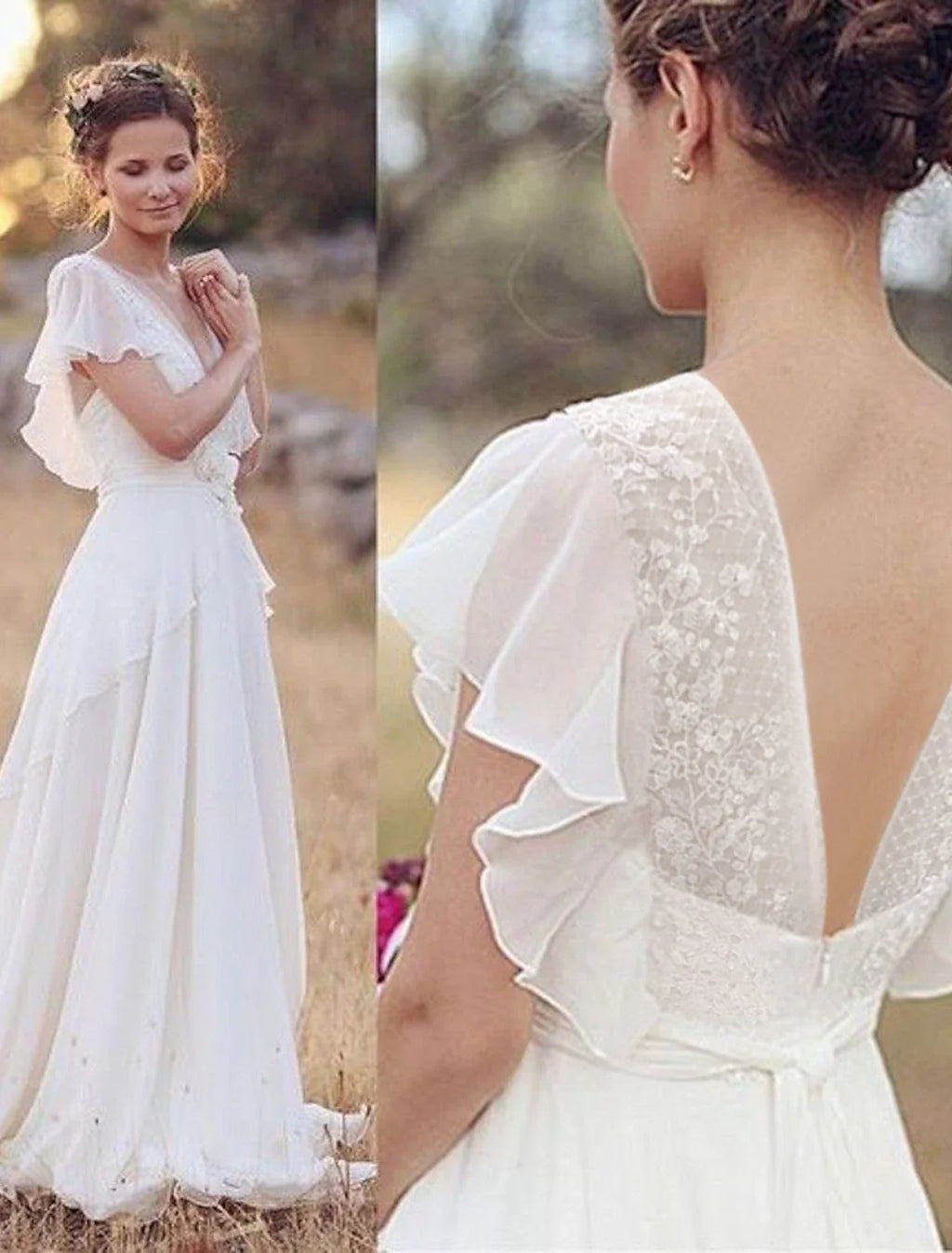 A-Line V-Neck Chiffon Short Sleeve Applique Floor-Length Wedding Gown - Chloe Dress