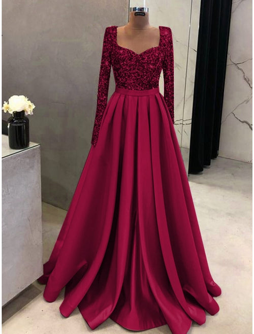 A-Line Square Neck Satin Long Sleeve Pleated Evening Gown - Chloe Dress