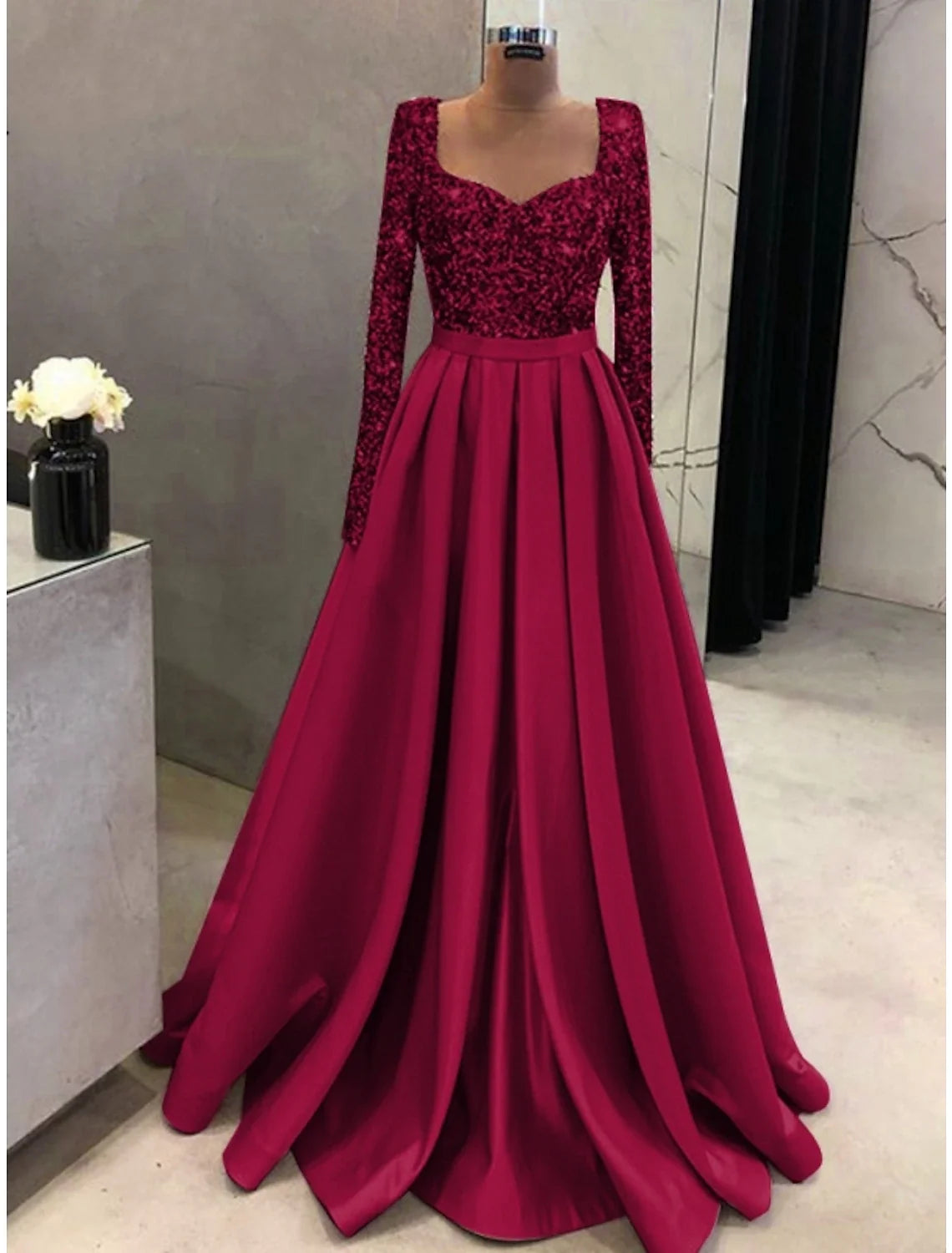 A-Line Square Neck Satin Long Sleeve Pleated Evening Gown - Chloe Dress