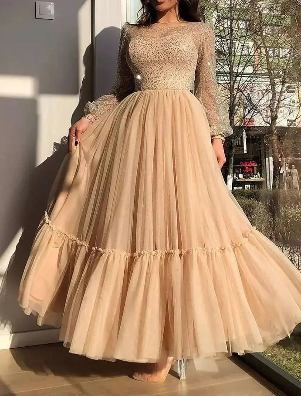 A-Line Tulle Long Sleeve Floor-Length Evening Gown - Chloe Dress
