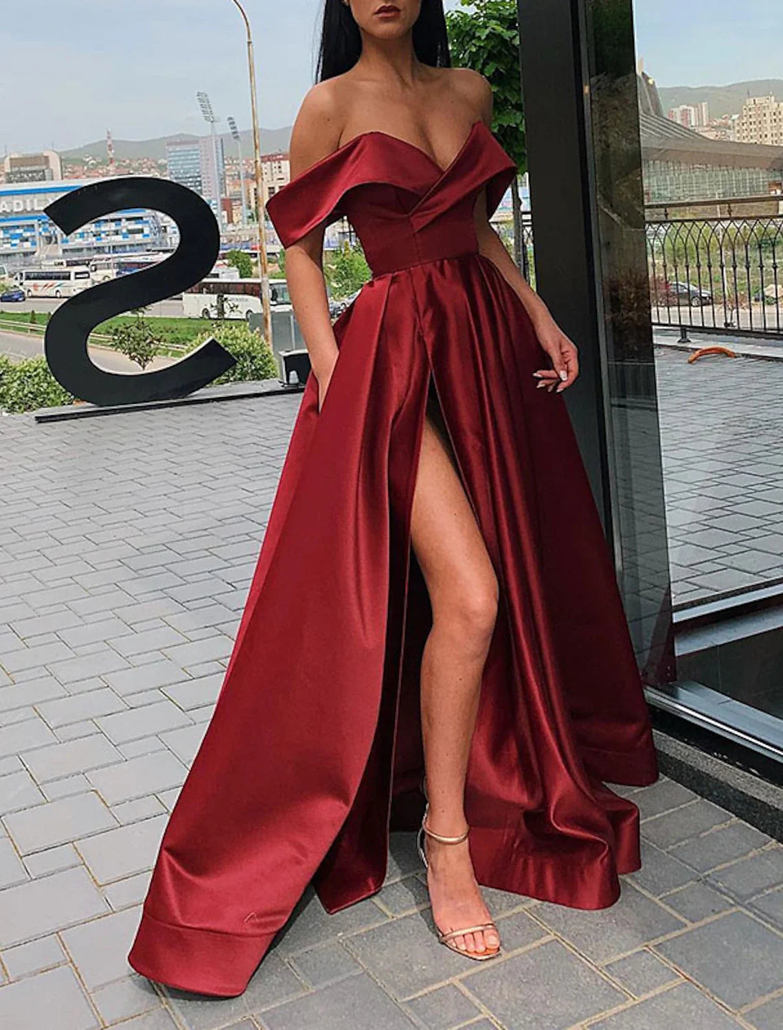 Green A-Line V-Neck Satin Short Sleeve High Slit Floor-Length Evening Gown - Chloe Dress