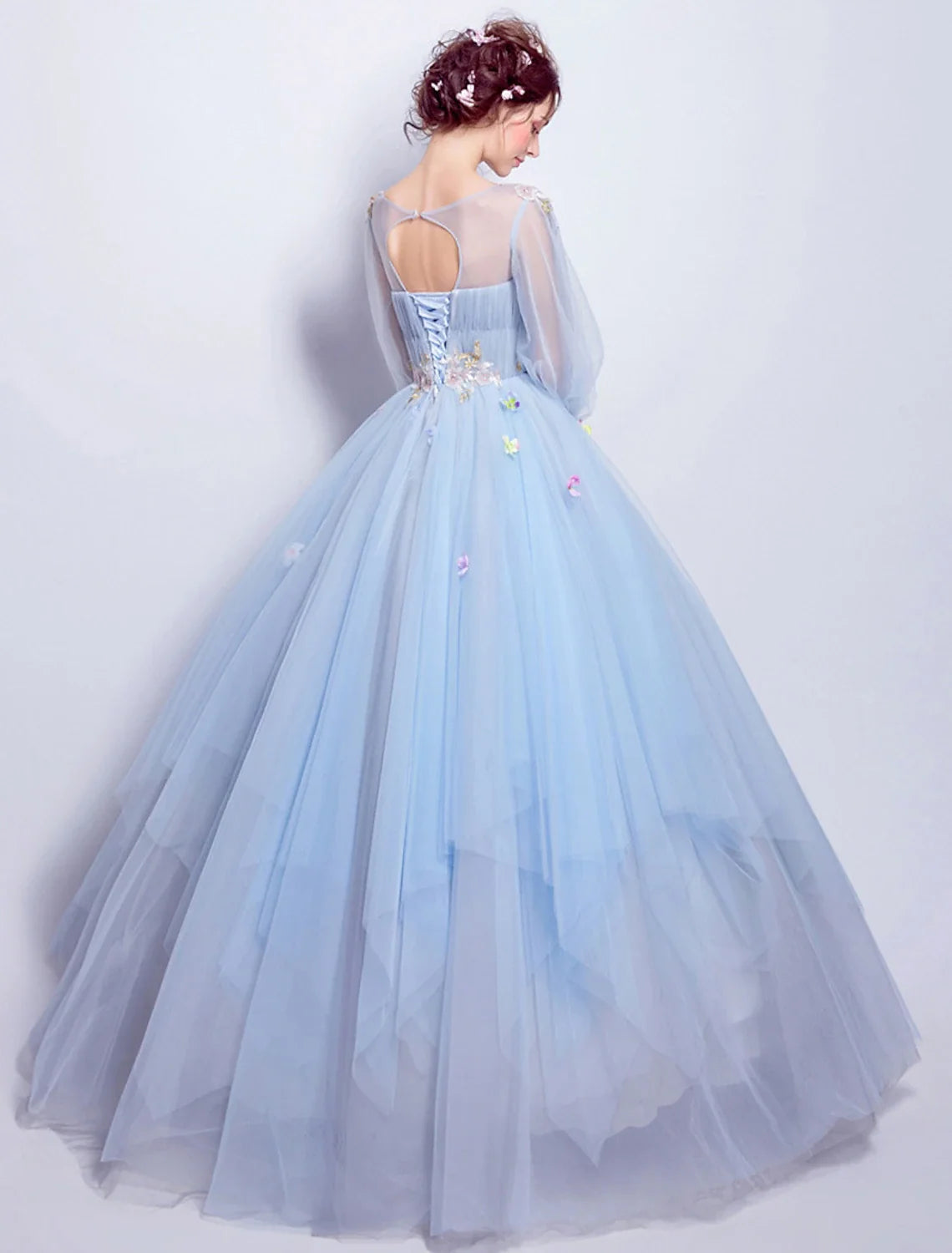 Ball Gown Illusion Tulle Three-Quarter Sleeve Pleated Floor-Length Gown - Chloe Dress