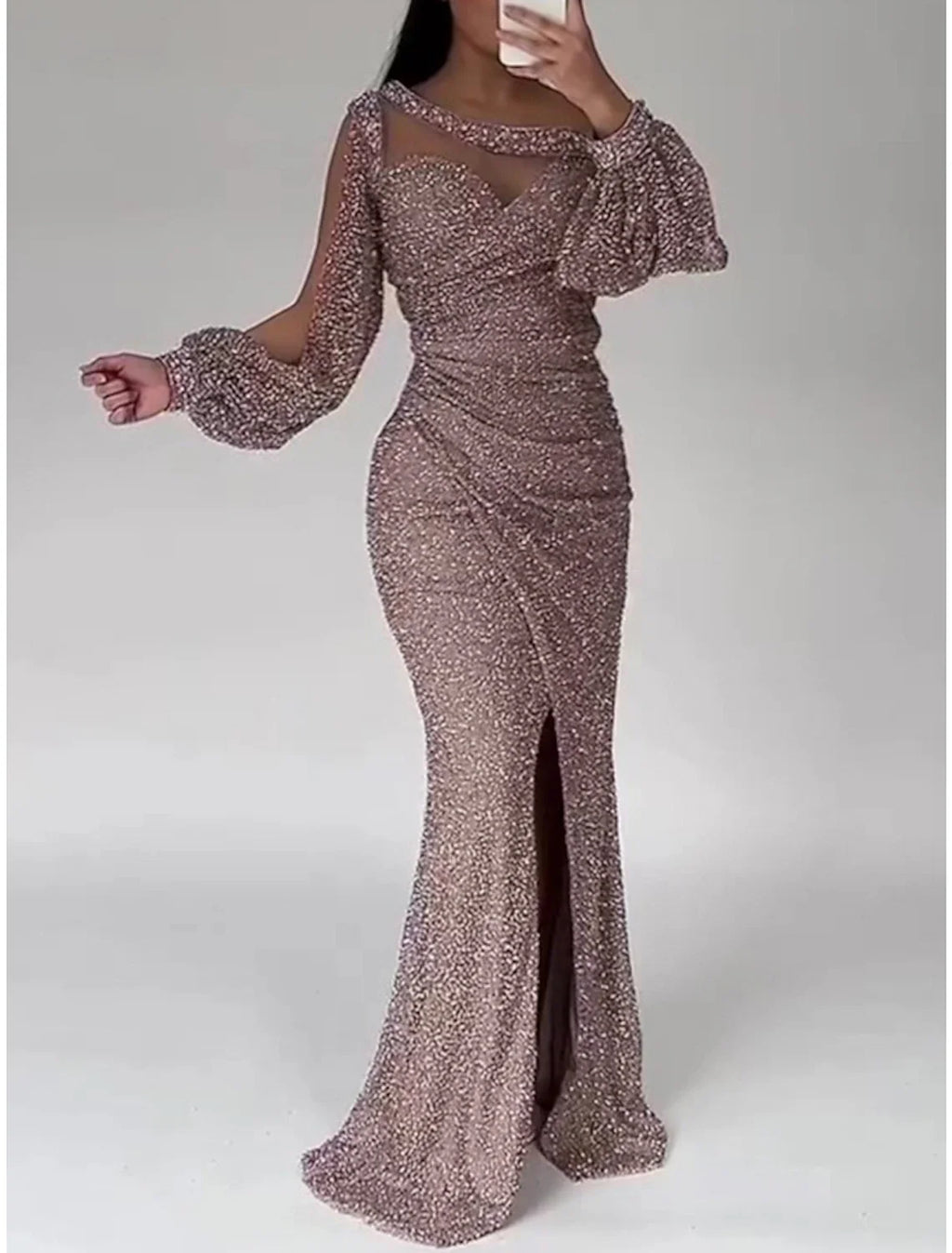 Champagne Mermaid Sequin Long Sleeve High Slit Floor-Length Evening Gown - Chloe Dress