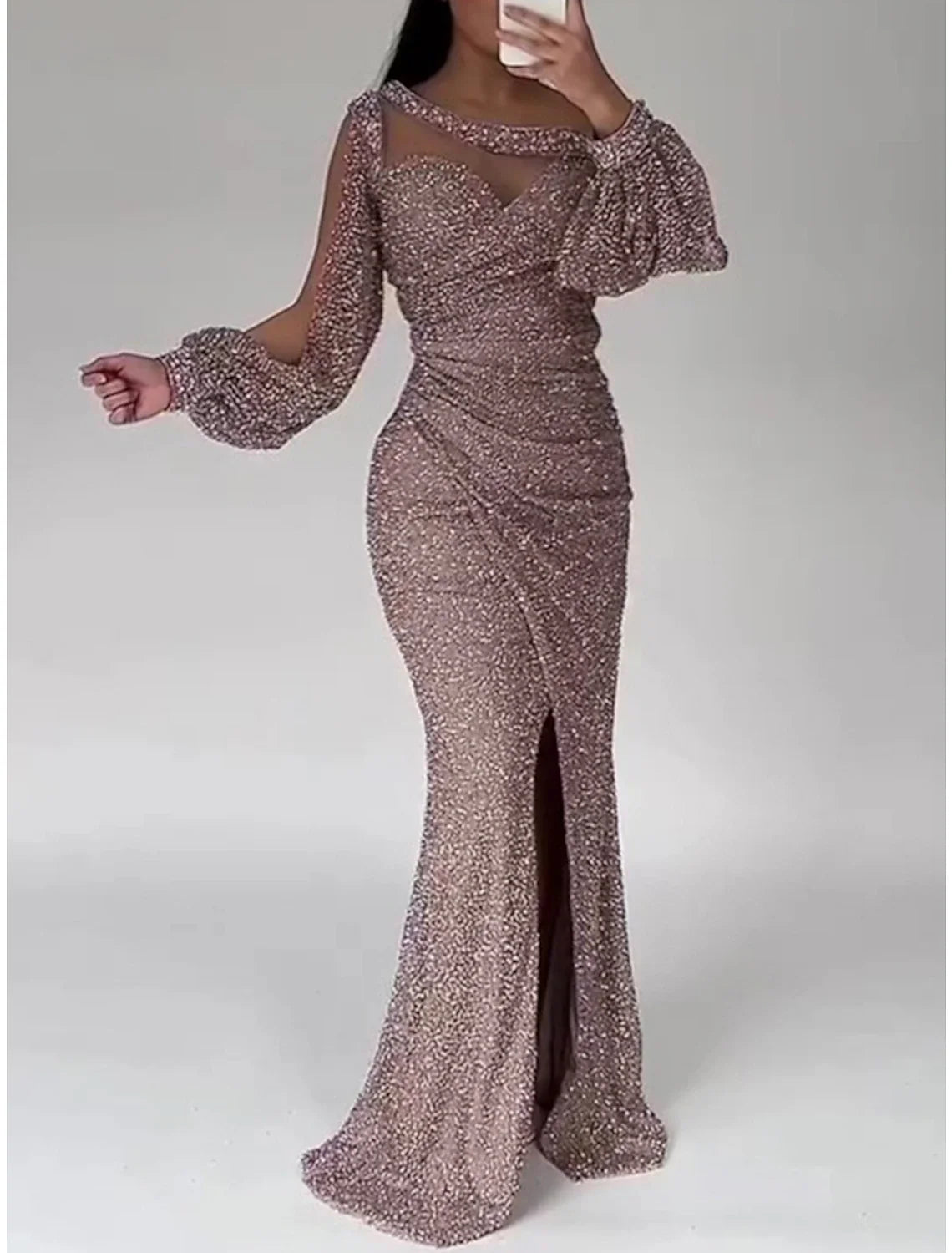 Champagne Mermaid Sequin Long Sleeve High Slit Floor-Length Evening Gown - Chloe Dress