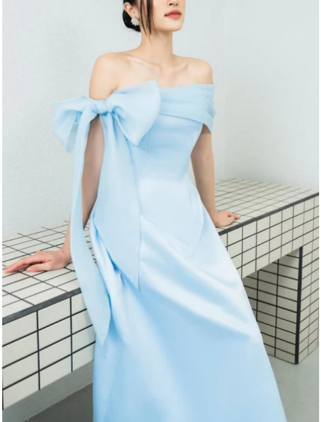 A-Line Off-Shoulder Silk Short Sleeve Pleated Mini Evening Gown - Chloe Dress