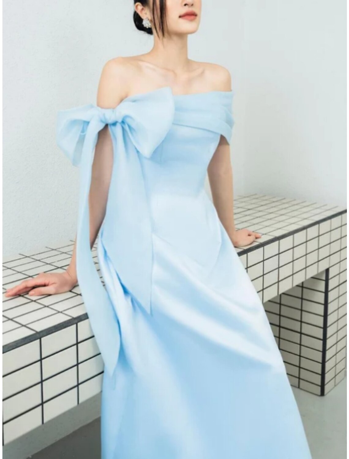 A-Line Off-Shoulder Silk Short Sleeve Pleated Mini Evening Gown - Chloe Dress