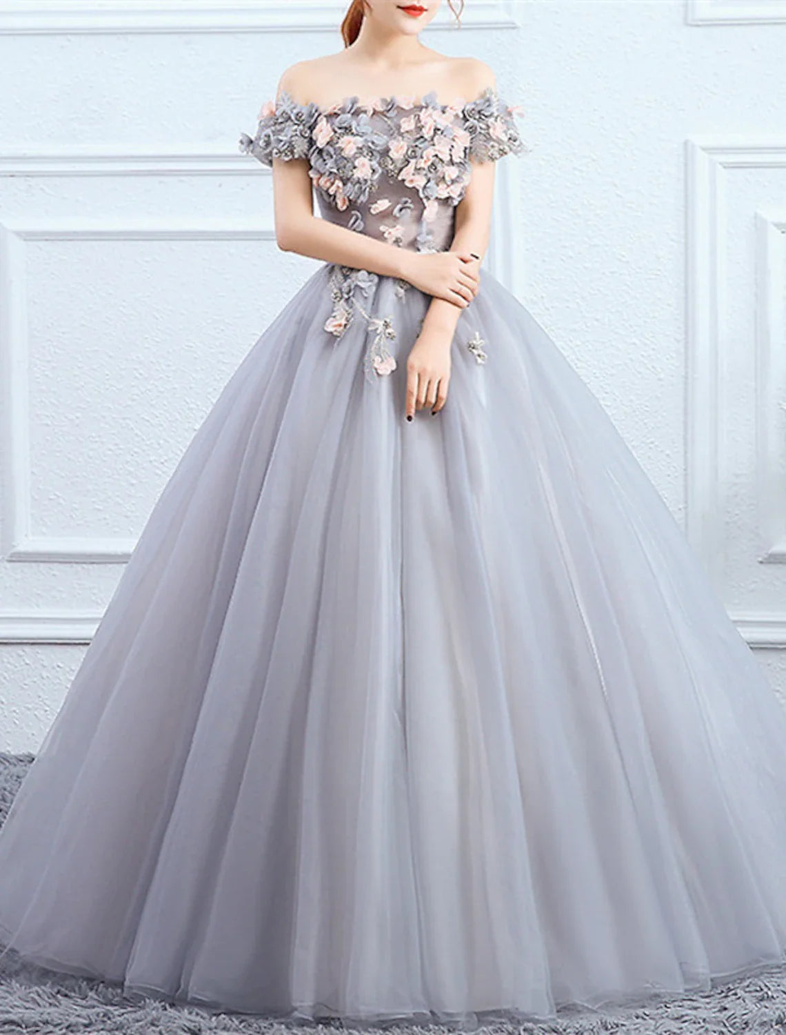 Ball Gown Off-Shoulder Polyester Short Sleeve Applique Floor-Length Gown - Chloe Dress