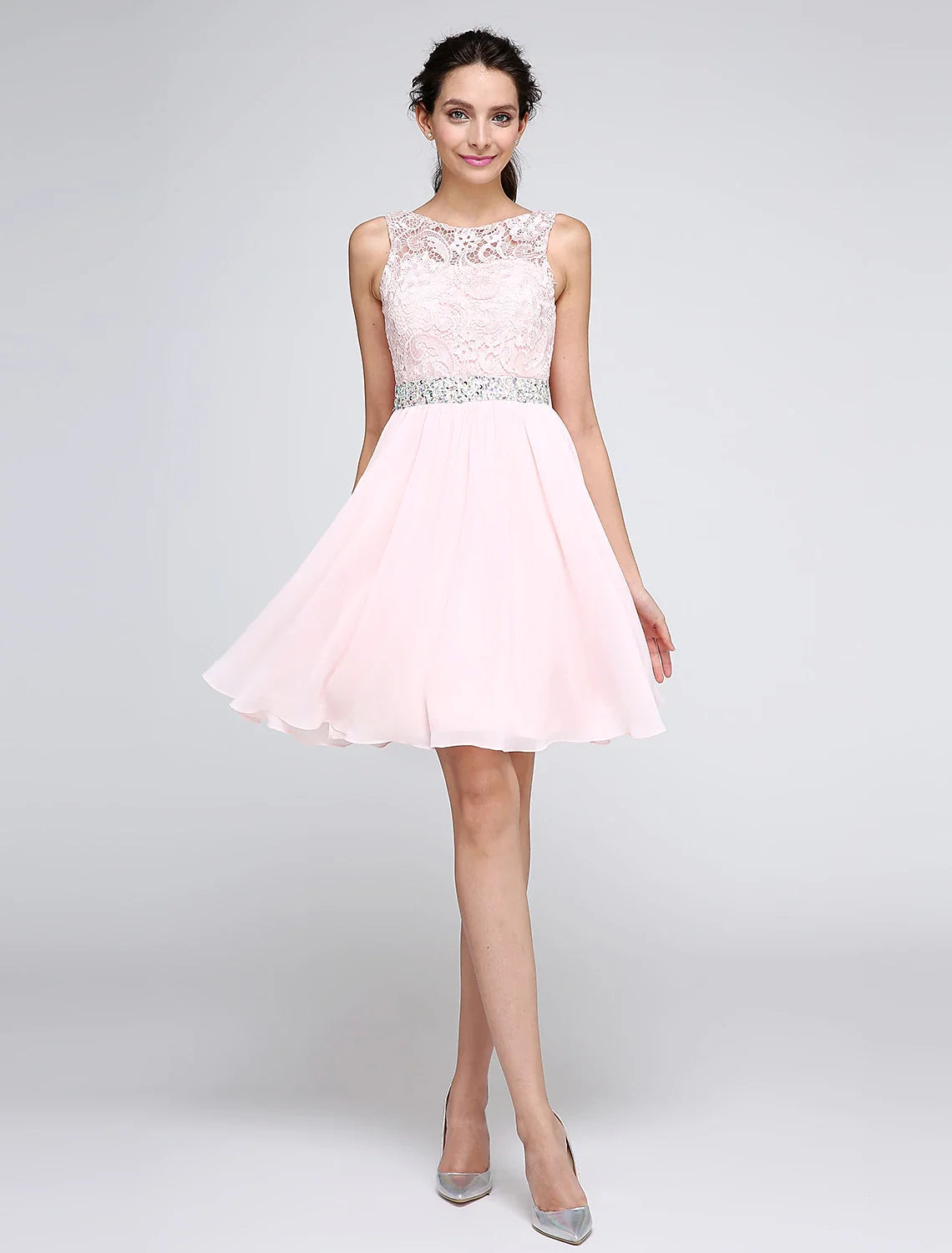 Pink A-Line Illusion Chiffon Sleeveless Open Back Mini Party Dress - Chloe Dress
