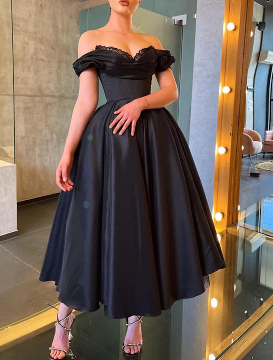 Black A-Line Off-Shoulder Satin Short Sleeve Mini Prom Dress - Chloe Dress