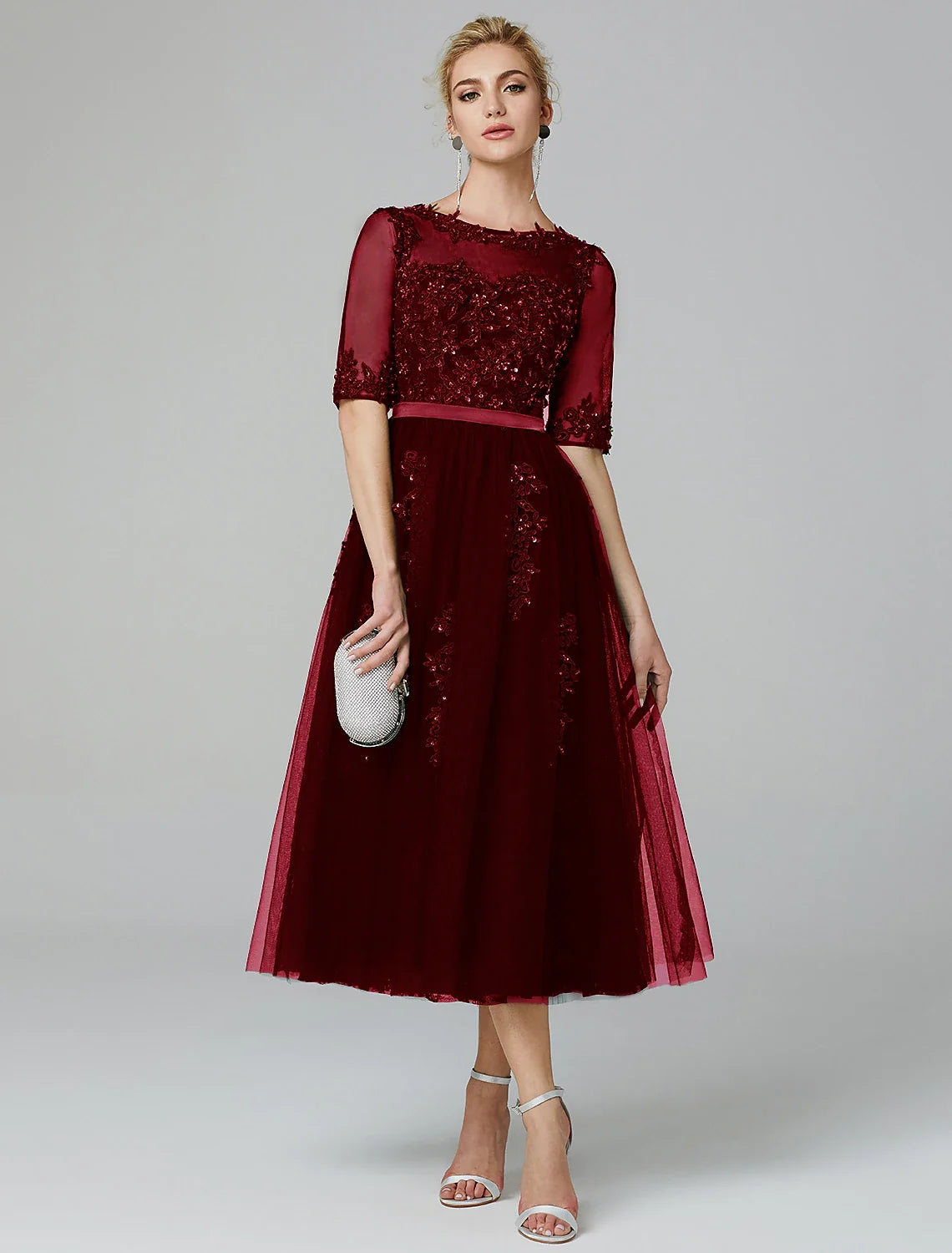 A-Line Illusion Tulle Sleeveless Applique Tea-Length Evening Dress - Chloe Dress