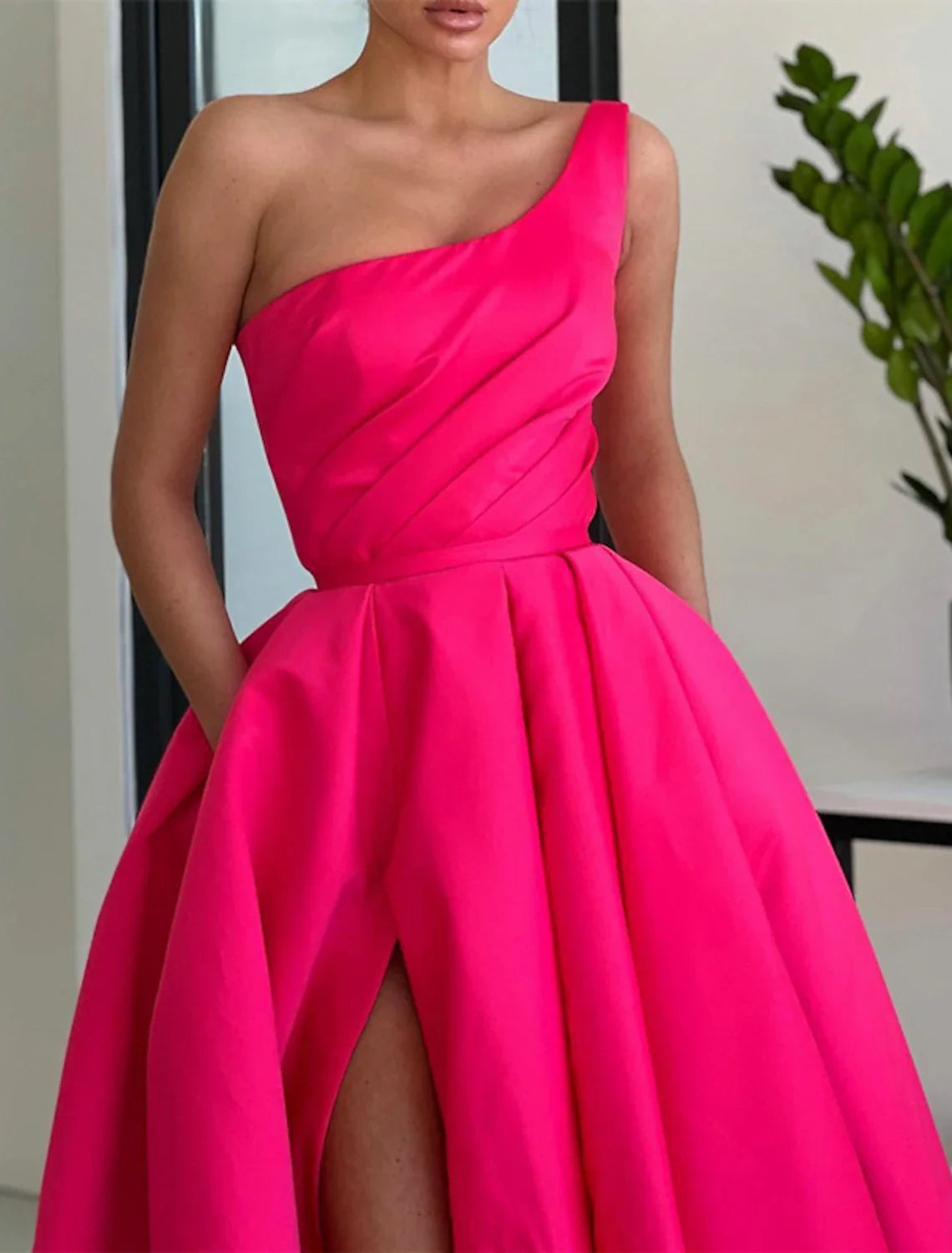A-Line One-Shoulder Satin Sleeveless High Slit Prom Dress - Chloe Dress