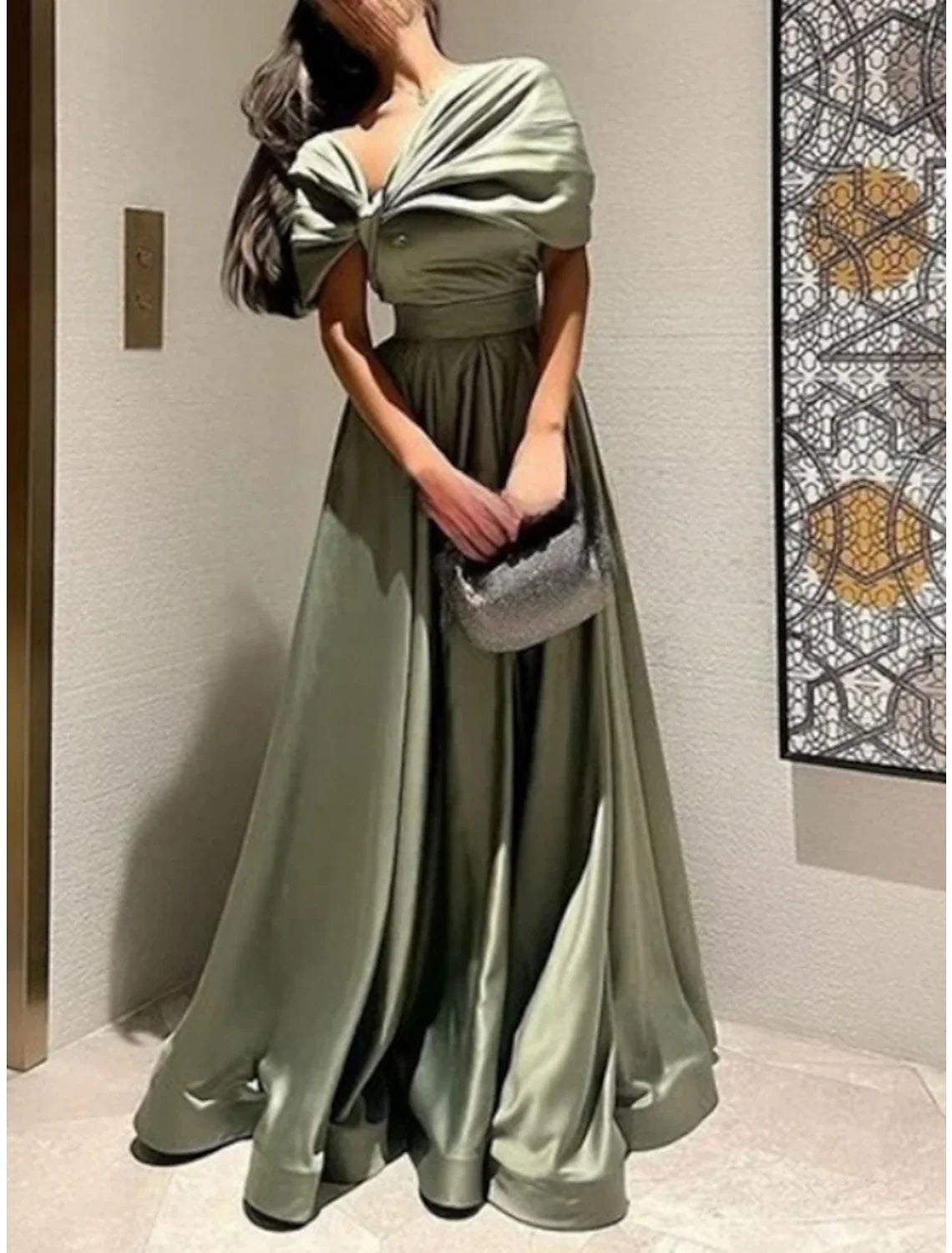 Green A-Line Off-Shoulder Satin Short Sleeve Pleated Floor-Length Evening Gown - Chloe Dress