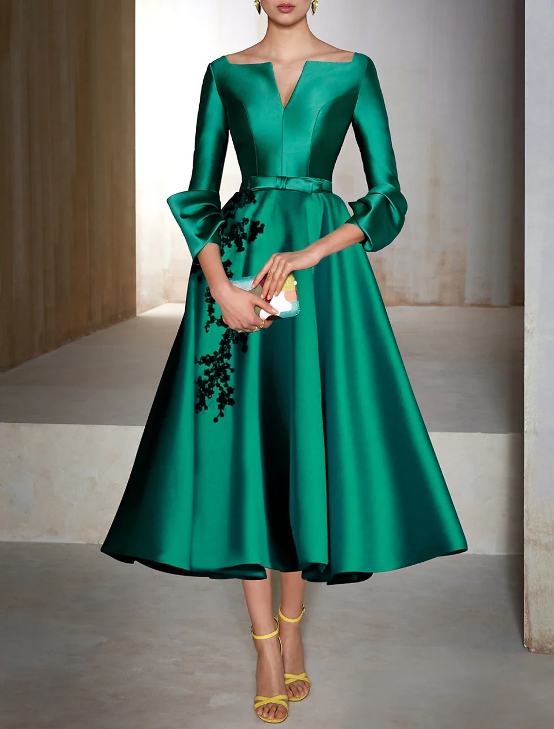 Green A-Line V-Neck Satin Three-Quarter Sleeve Applique Tea-Length Wedding Dress - Chloe Dress