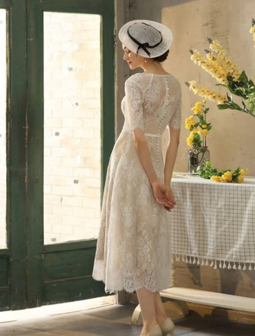 White A-Line Illusion Lace Applique Tea-Length Wedding Gown - Chloe Dress
