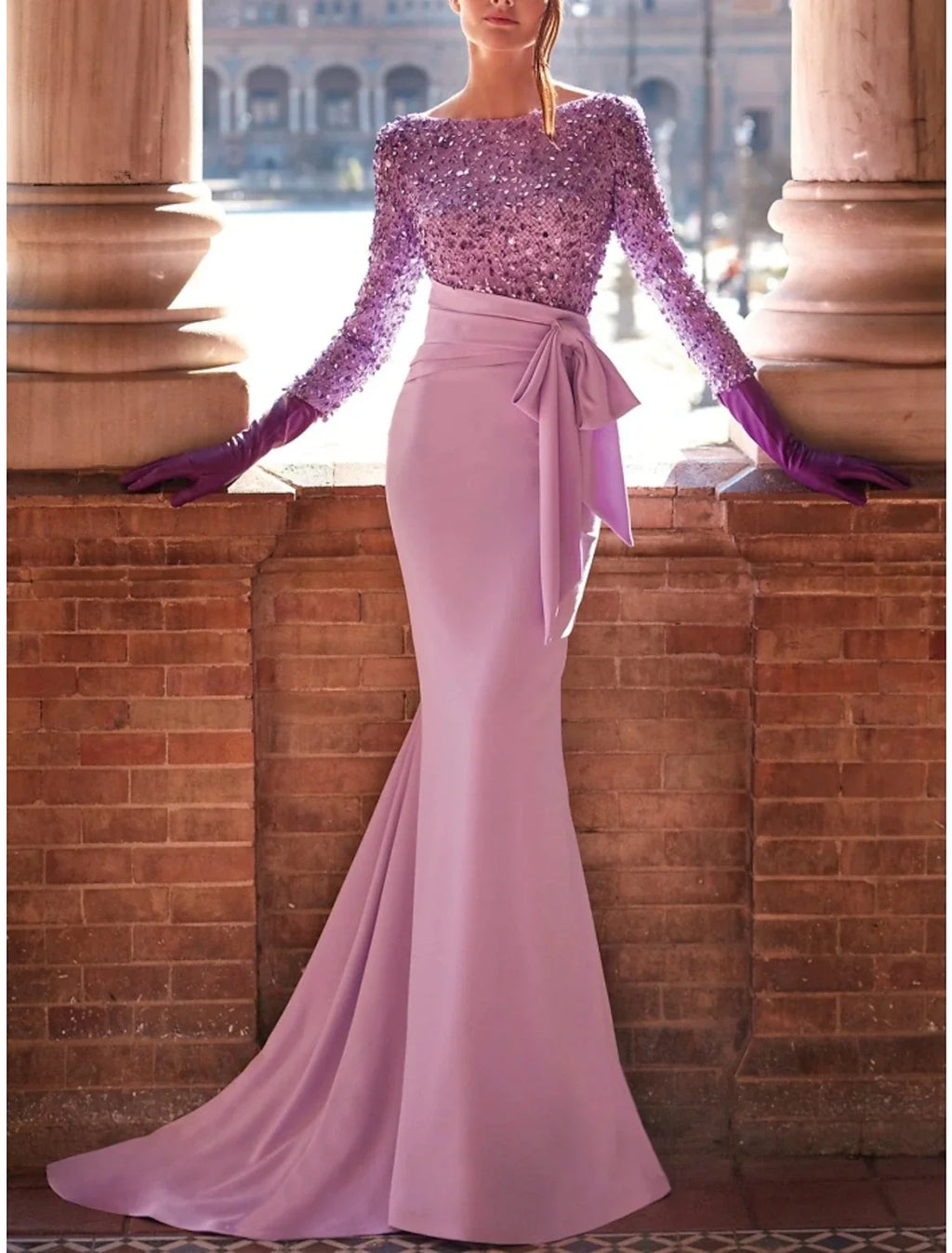 Mermaid Sequin Long Sleeve Pleated Evening Gown - Chloe Dress