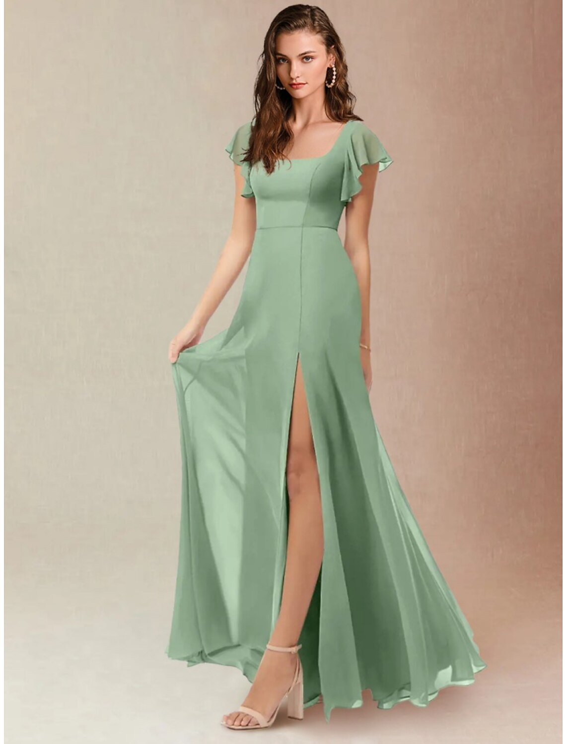 A-Line Square Neck Chiffon Short Sleeve Floor-Length Wedding Dress - Chloe Dress