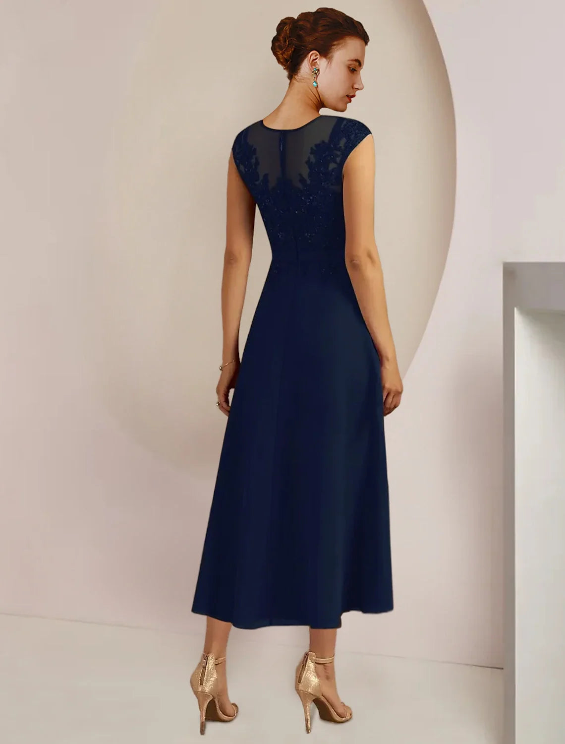 A-Line Chiffon Three-Quarter Sleeve Applique Tea-Length Wedding Dress - Chloe Dress