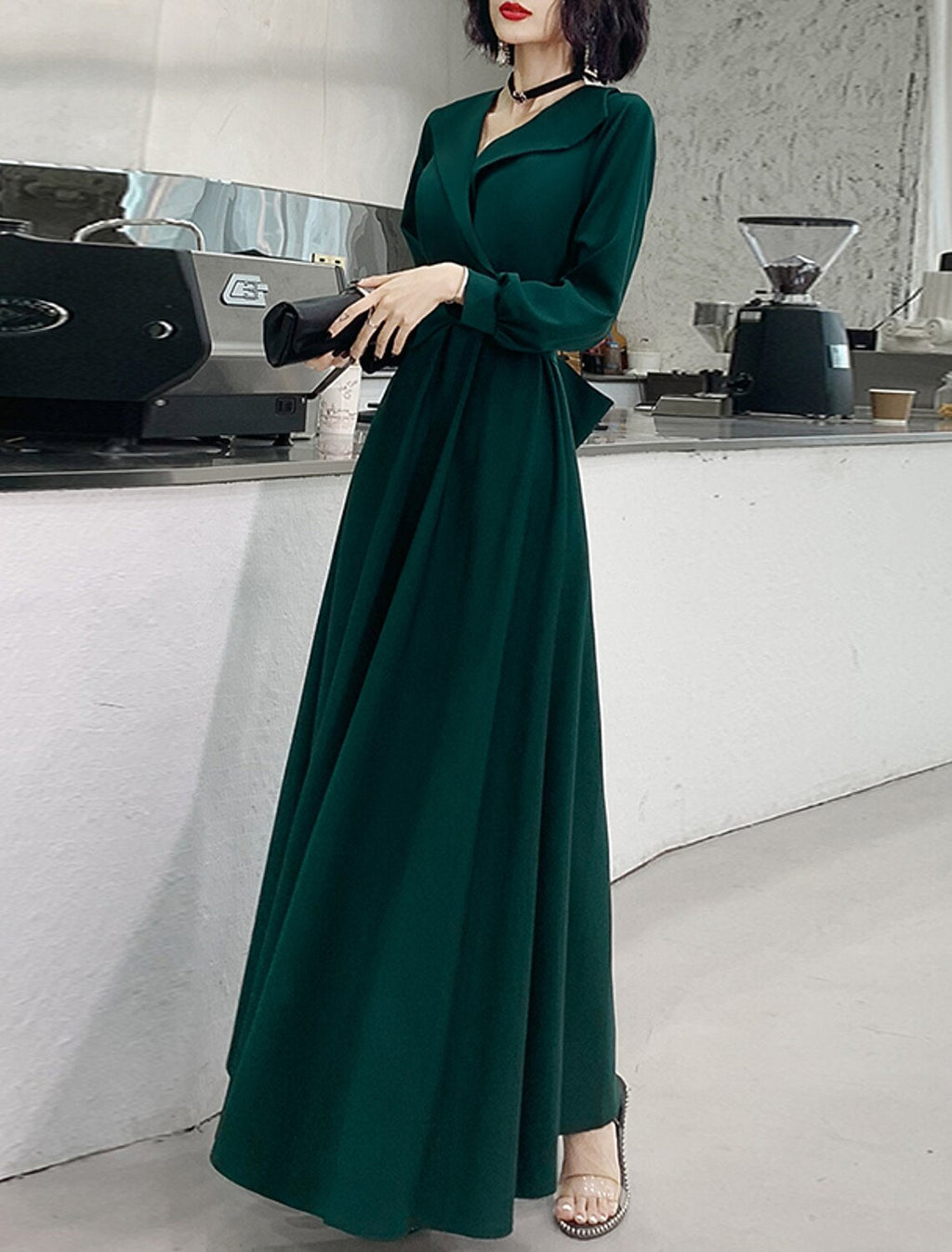 A-Line V-Neck Long Sleeve Floor-Length Evening Gown - Chloe Dress