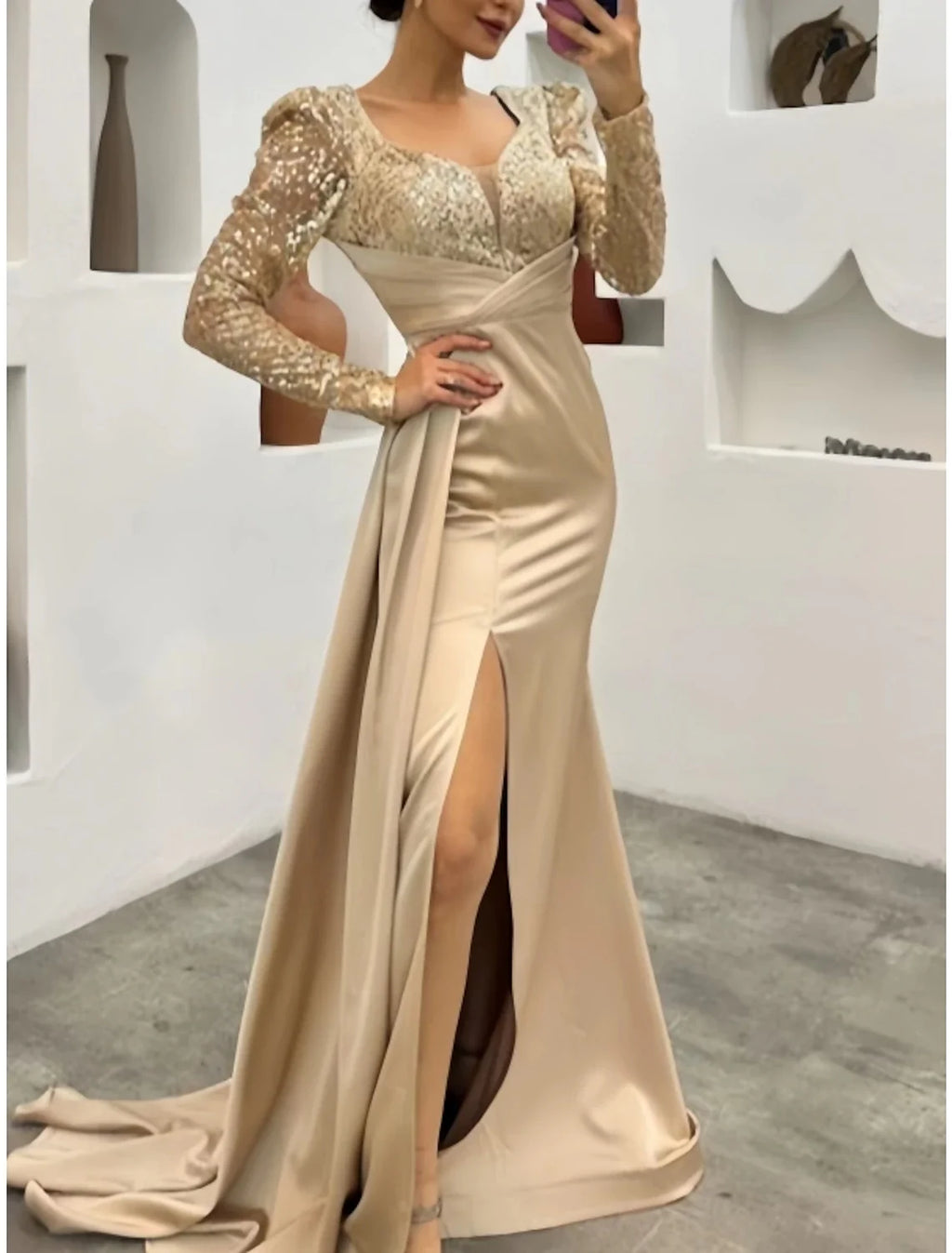 A-Line Square Neck Satin Long Sleeve High Slit Evening Gown - Chloe Dress