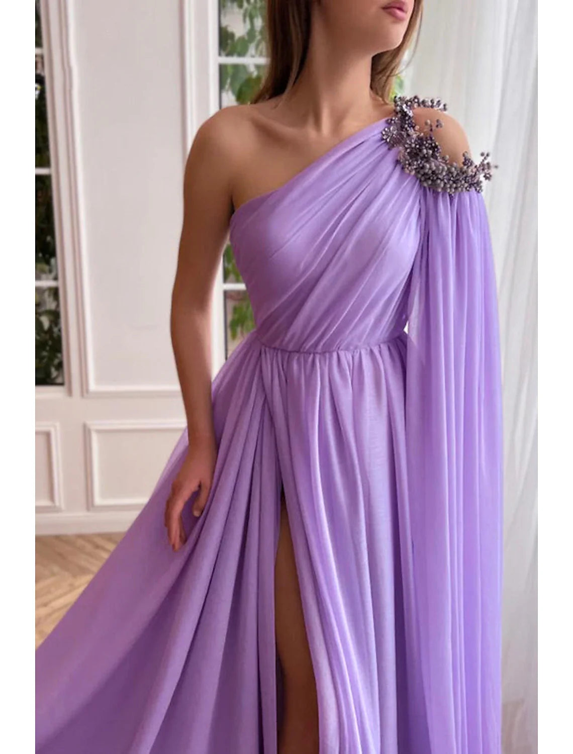 A-Line One-Shoulder Chiffon Sleeveless High Slit Evening Gown - Chloe Dress