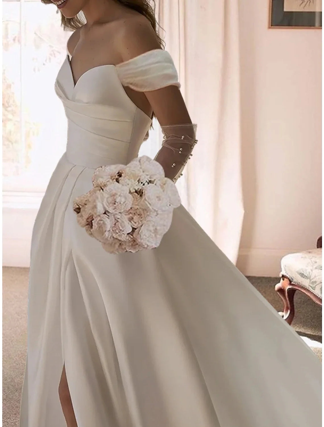 Ball Gown Off-Shoulder Satin Short Sleeve Train Mini Wedding Gown - Chloe Dress