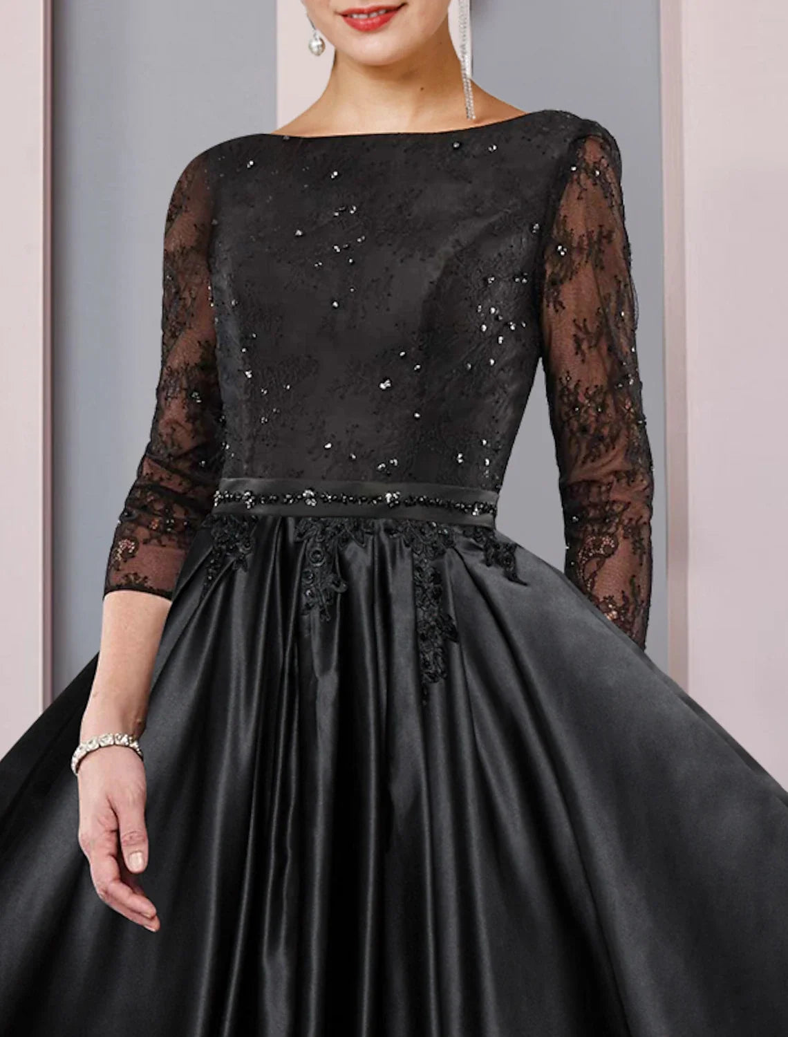 A-Line Satin Three-Quarter Sleeve Pleated Tea-Length Wedding Dress - Chloe Dress